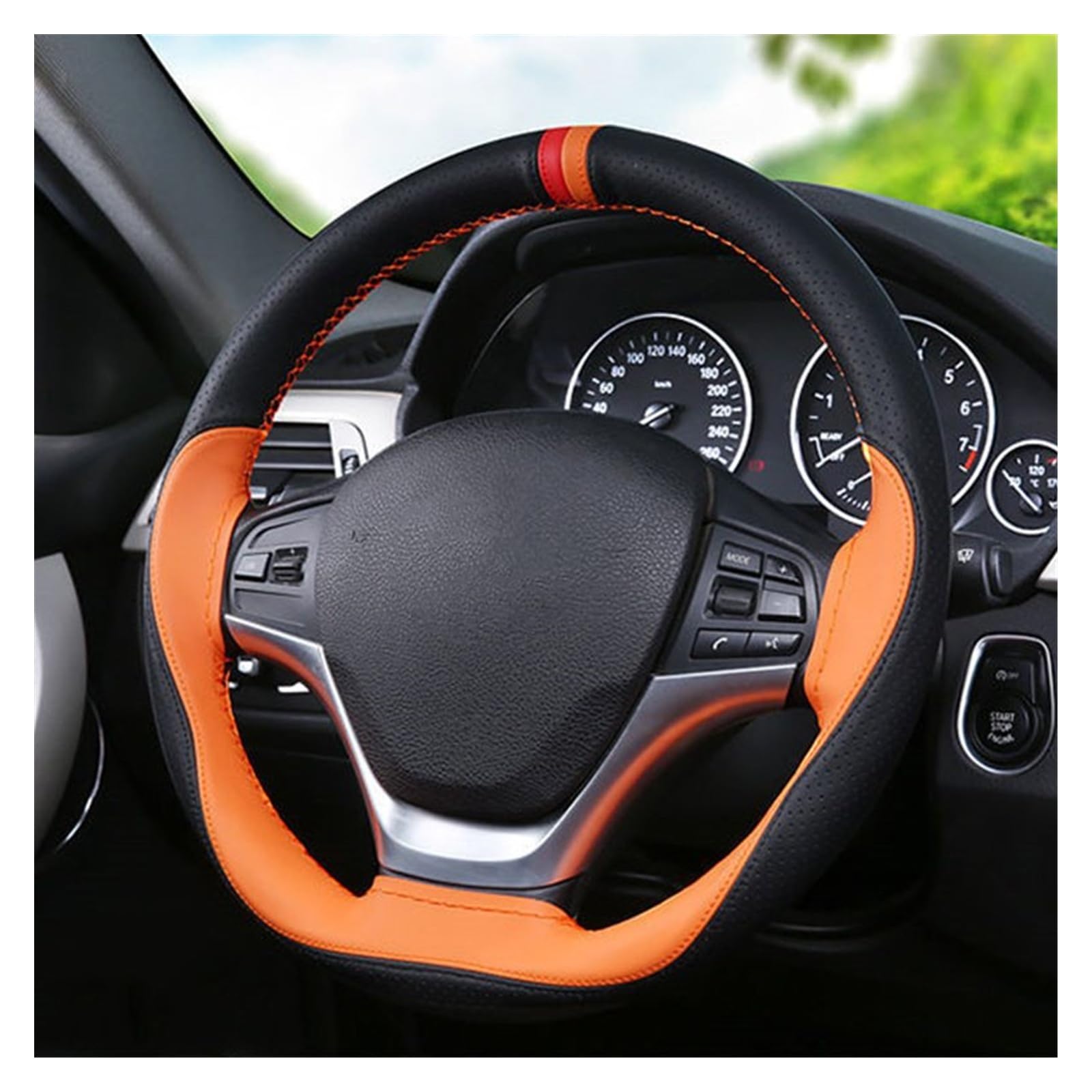 Lenkradhüllen rutschfeste Weiche Leder Auto Lenkradbezug 38cm Lenkrad Mit Nadeln Und Faden Auto-Innenausstattung Lenkradcover(Black and Orange) von LIANGBAOS