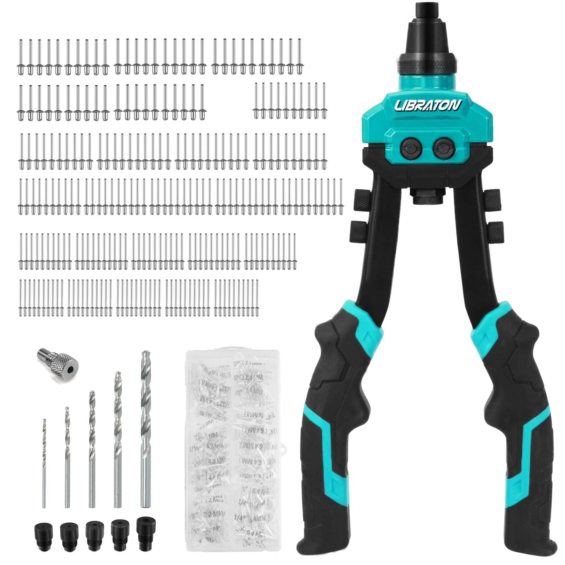 LIBRATON Nietenzange set, Zweihand-Popnietenzange Set, Popnietenzange, Nietzange Set mit 250 Aluminiumnieten im Karton, 5 Werkzeuglos Austauschbare Düsen, 5 HSS-Bohrer, für Automobile, Metall von LIBRATON