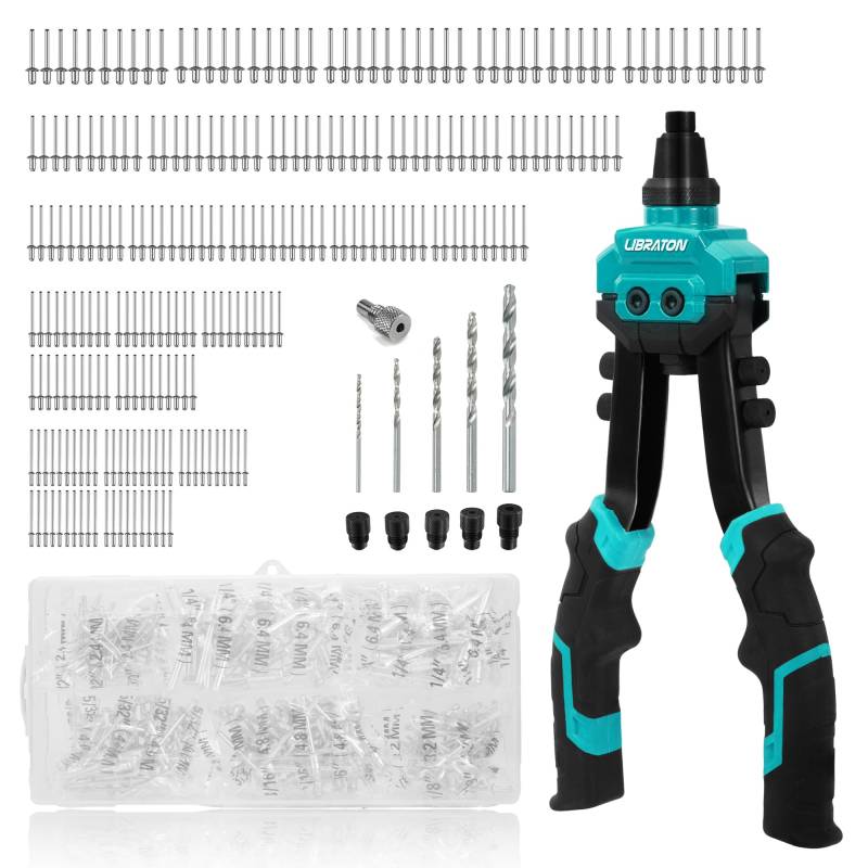 LIBRATON Nietenzange Set, Zweihand-Popnietenzange Set, Popnietenzange, Nietzange Set mit 250 Aluminiumnieten im Karton, 5 Werkzeuglos Austauschbare Düsen, 5 HSS-Bohrer, für Automobile, Metall von LIBRATON