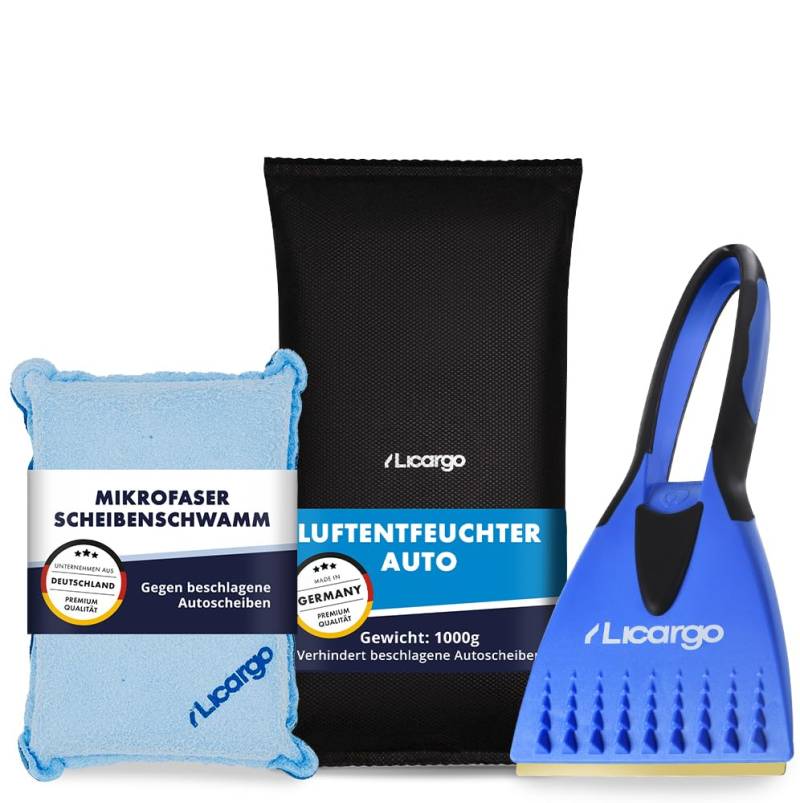 LICARGO® 3-teiliges Winter Set - Mikrofaser Scheibenschwamm & Eiskratzer mit Messingklinge & Luftentfeuchter Auto 1kg von LICARGO