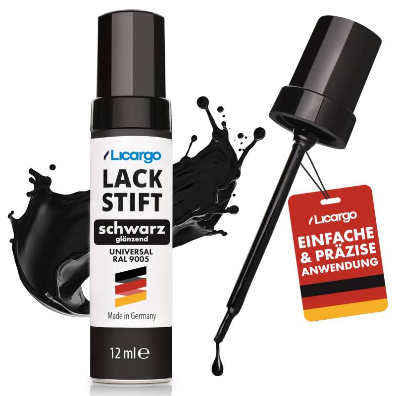 LICARGO® Lackstift Schwarz Glänzend 12ml – Perfekte Deckkraft und schnelle Trocknung – Professionelle Ergebnisse für Steinschläge – mit Präzisionspinsel – Kratzer Entferner Auto schwarz Lackstift Auto von LICARGO