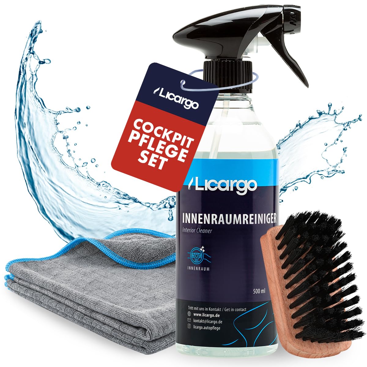 LICARGO Auto Cockpitpflege Set - Autopflege Set Innenraum - Cockpitpflege Auto - Auto Reinigungsset mit 2X Mikrofasertuch 380GSM - 1x 500ml Innenraumreiniger - 1x Bürste - Car Interior Cleaner von LICARGO