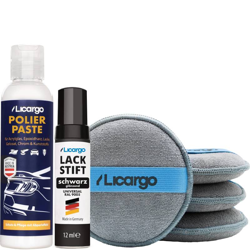 LICARGO Lackstift Polierset - 1x Lackstift Schwarz Glänzend 12ml – 1x Universal Polierpaste (150ml) - 4X Mikrofaser Applikator Pads - Professionelle Ergebnisse für Steinschläge - mit Präzisionspinsel von LICARGO