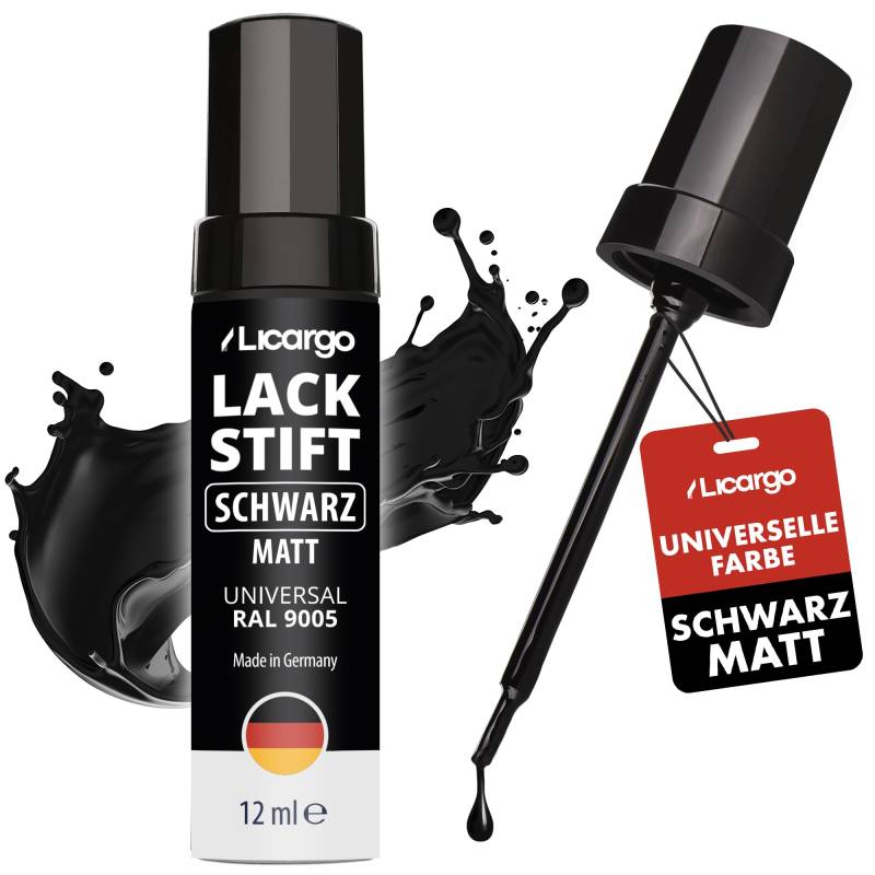 LICARGO Lackstift Schwarz Matt 12ml – Perfekte Deckkraft und schnelle Trocknung - Professionelle Ergebnisse für Steinschläge - Auto Lackstift Schwarz Glänzend, Kratzer Entferner Auto Schwarz von LICARGO