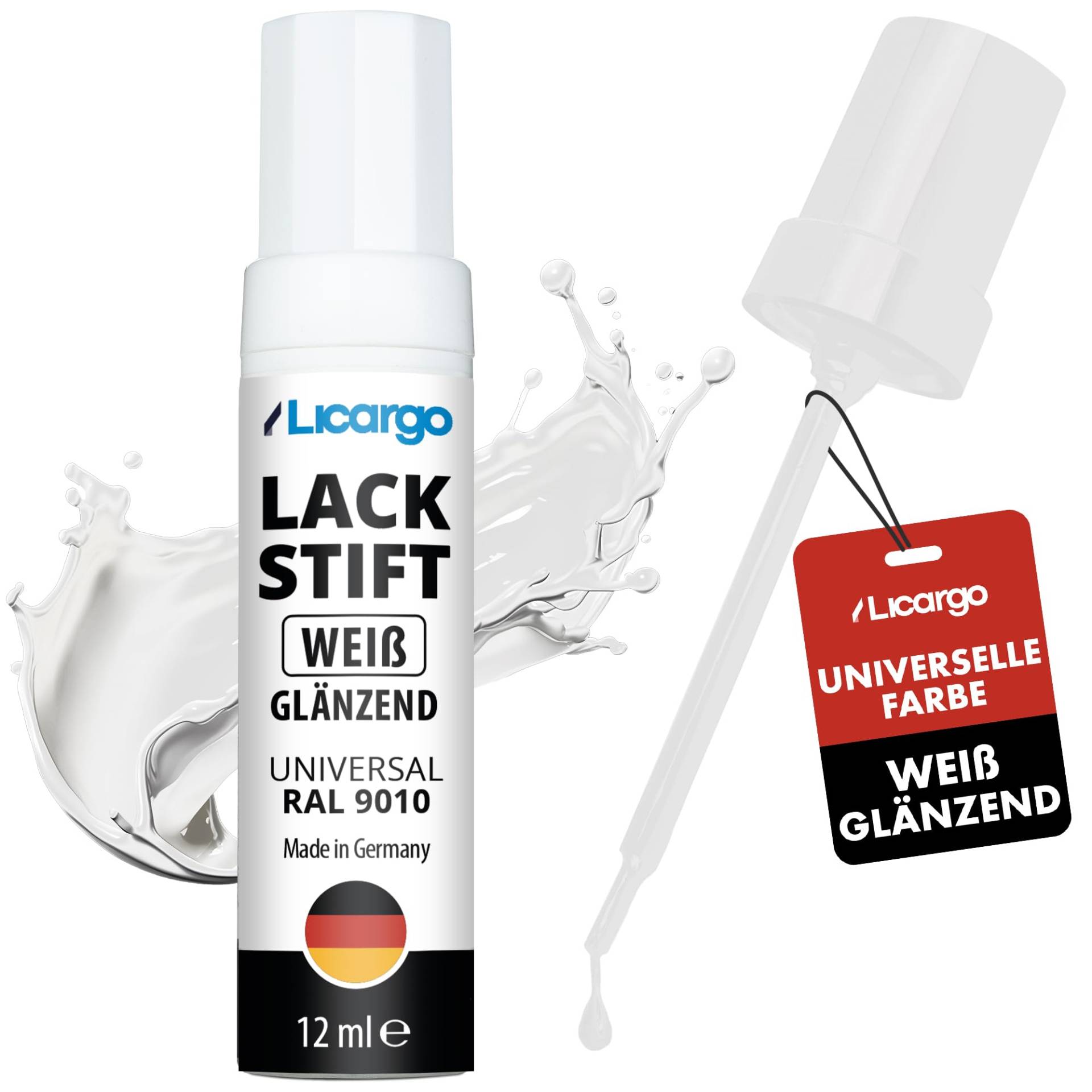 LICARGO Lackstift Weiß Glänzend 12ml – Perfekte Deckkraft und schnelle Trocknung - Professionelle Ergebnisse für Steinschläge - Lackstift Auto, Lackstift Weiß, Weißer Lackstift Auto, Autolack Weiß von LICARGO