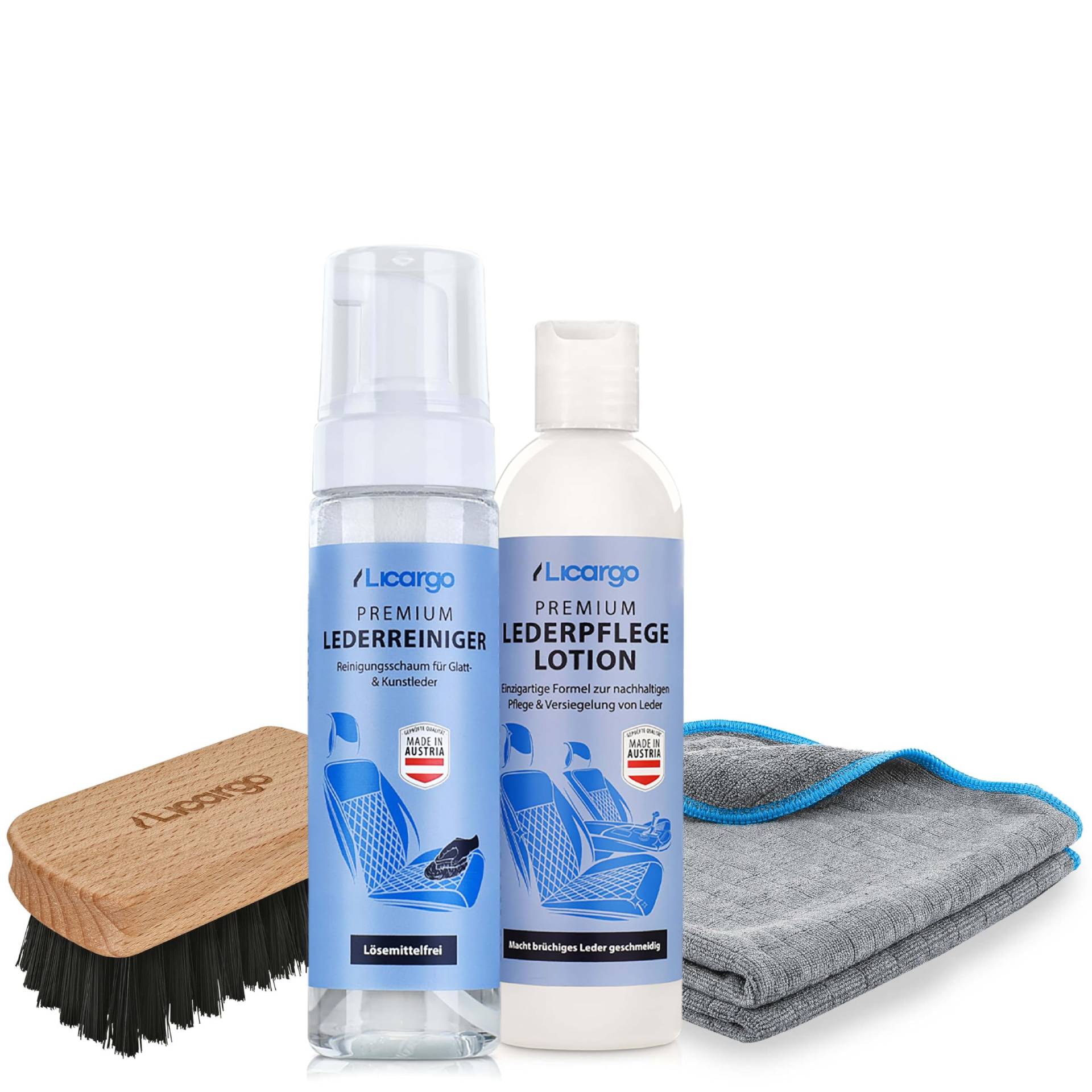 LICARGO Lederpflege Set Auto - 1x Lederreiniger 200ml & 1x Lederpflege 200ml & 1x Leder- & Textilbürste & 2X Mikrofasertücher - Lederreiniger Auto, Lederpflege für Ledercouch, Lederpflege Autositze von LICARGO