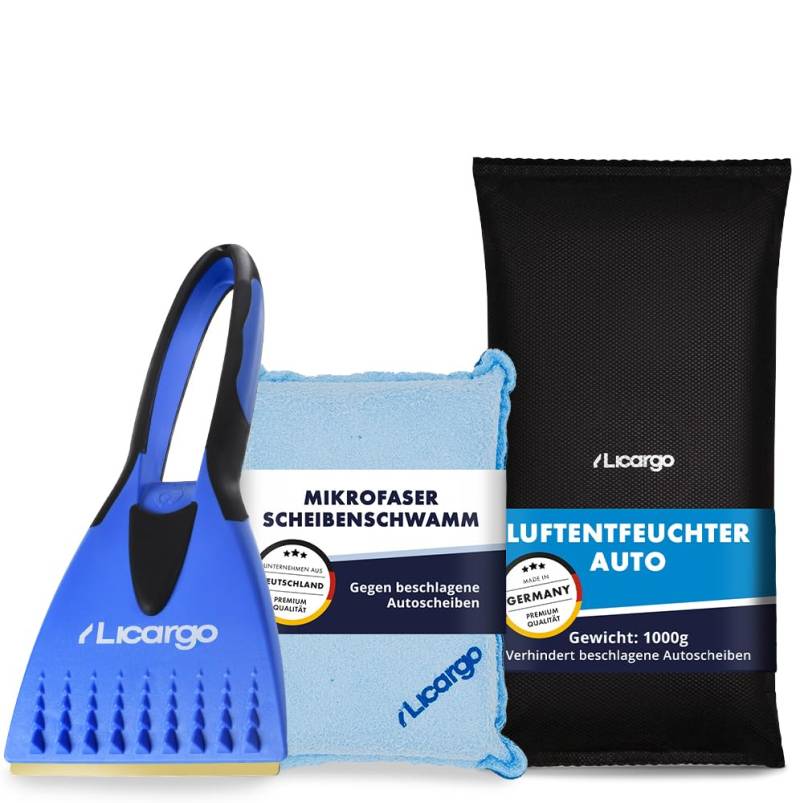 LICARGO Luftentfeuchter (1kg) - Auto Entfeuchter gegen beschlagene Autoscheiben - wiederverwendbarer Innenraum Luftentfeuchter (Winter Set mit Eiskratzer & Scheibenschwamm) von LICARGO