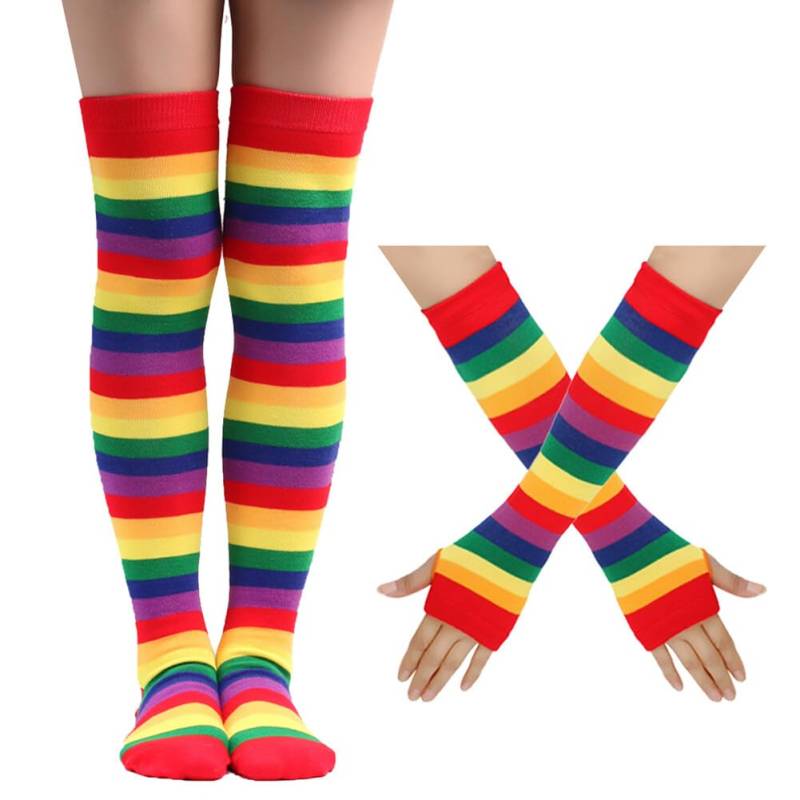 LICHENGTAI Kniestrümpfe Regenbogen Oberschenkel Hohe Socken Overknee Strümpfe Fingerlose Handschuhe Hülsen-Set Retro Kostüm Zubehör für Damen Frauen Mädchen Karneval Party Stützen von LICHENGTAI