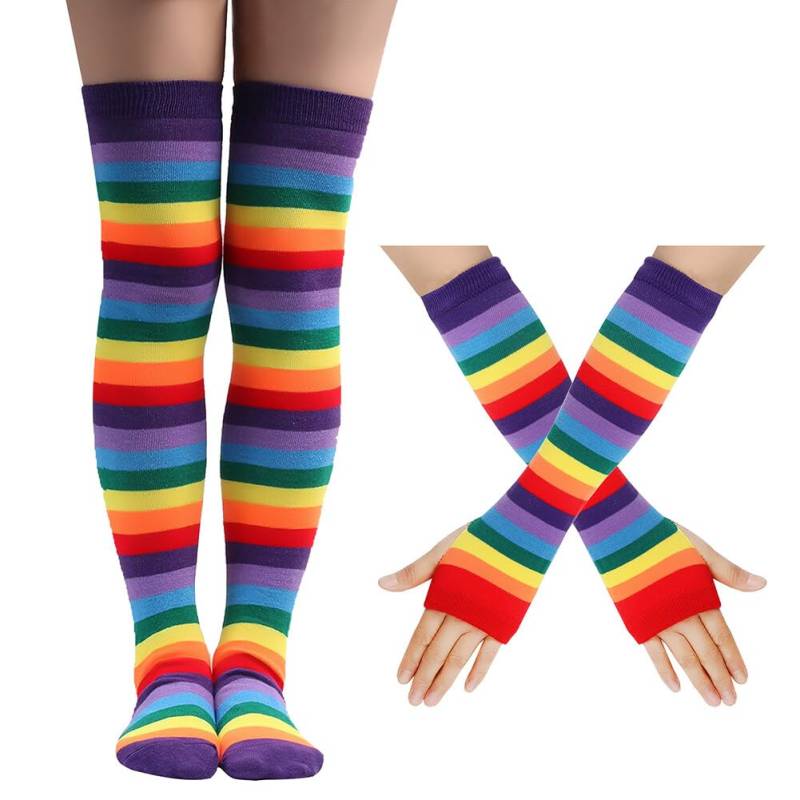 LICHENGTAI Kniestrümpfe Regenbogen Oberschenkel Hohe Socken Overknee Strümpfe Fingerlose Handschuhe Hülsen-Set Retro Kostüm Zubehör für Damen Frauen Mädchen Karneval Party Stützen von LICHENGTAI