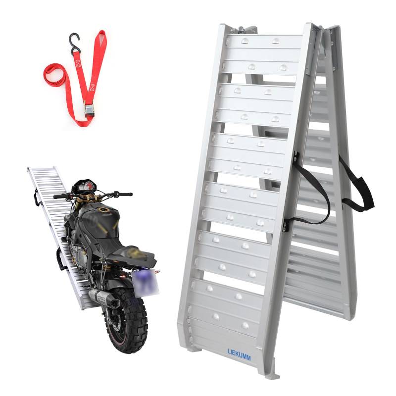 LIEKUMM 1X Auffahrrampe 250kg Faltbare Auffahrrampe Motorrad, 182,5x29,5x6cm Alu Laderampe für Motorrad ATV Quad PKW, Transport Laderampe Rampe, Verladerampe, Silber von LIEKUMM