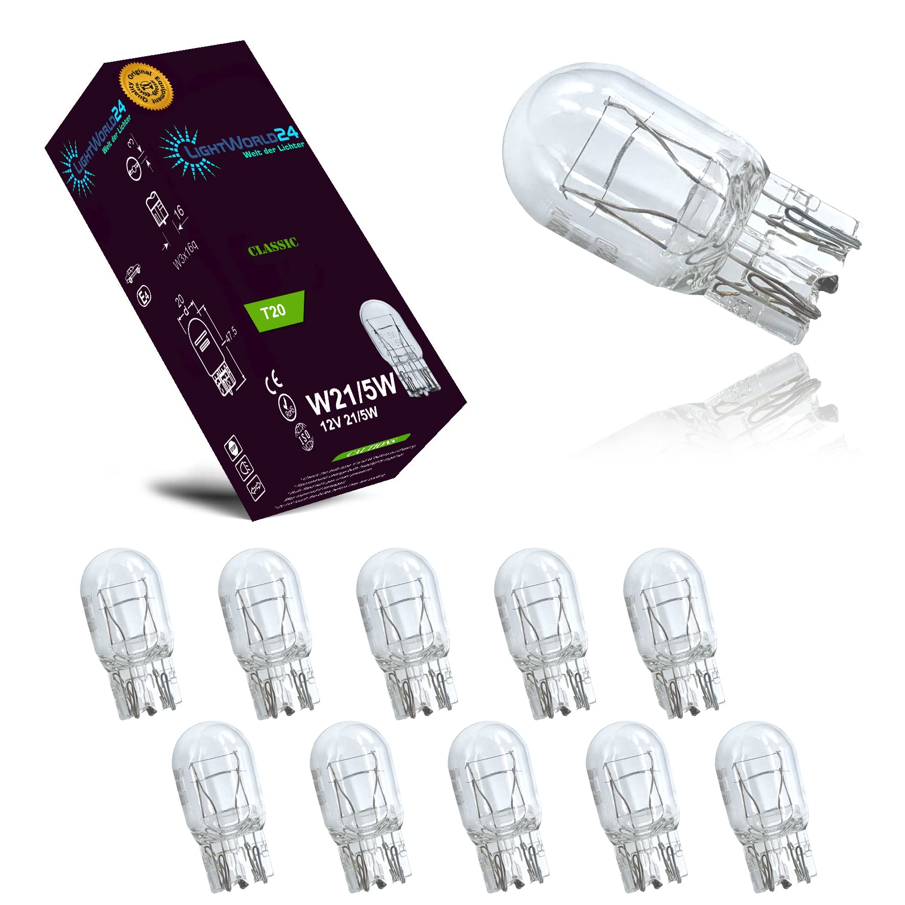 LIGHTWORLD24 10 x T20 W21/5W 12V W3x16q Auto-Lampen Glassockellampen Ersatz Halogen Birne für Bremslicht Tagfahrlicht Hecklicht Parklicht E-geprüft von LIGHTWORLD24 Welt der Lichter