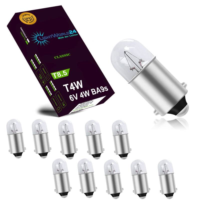 LIGHTWORLD24 T4W BA9s Standlicht-Lampe Autolampe 6V 4W Birnen Auto Standlicht Innenraumbeleuchtung Innenbeleuchtung Signallampe (BA9s 6V 10er SET) von LIGHTWORLD24 Welt der Lichter