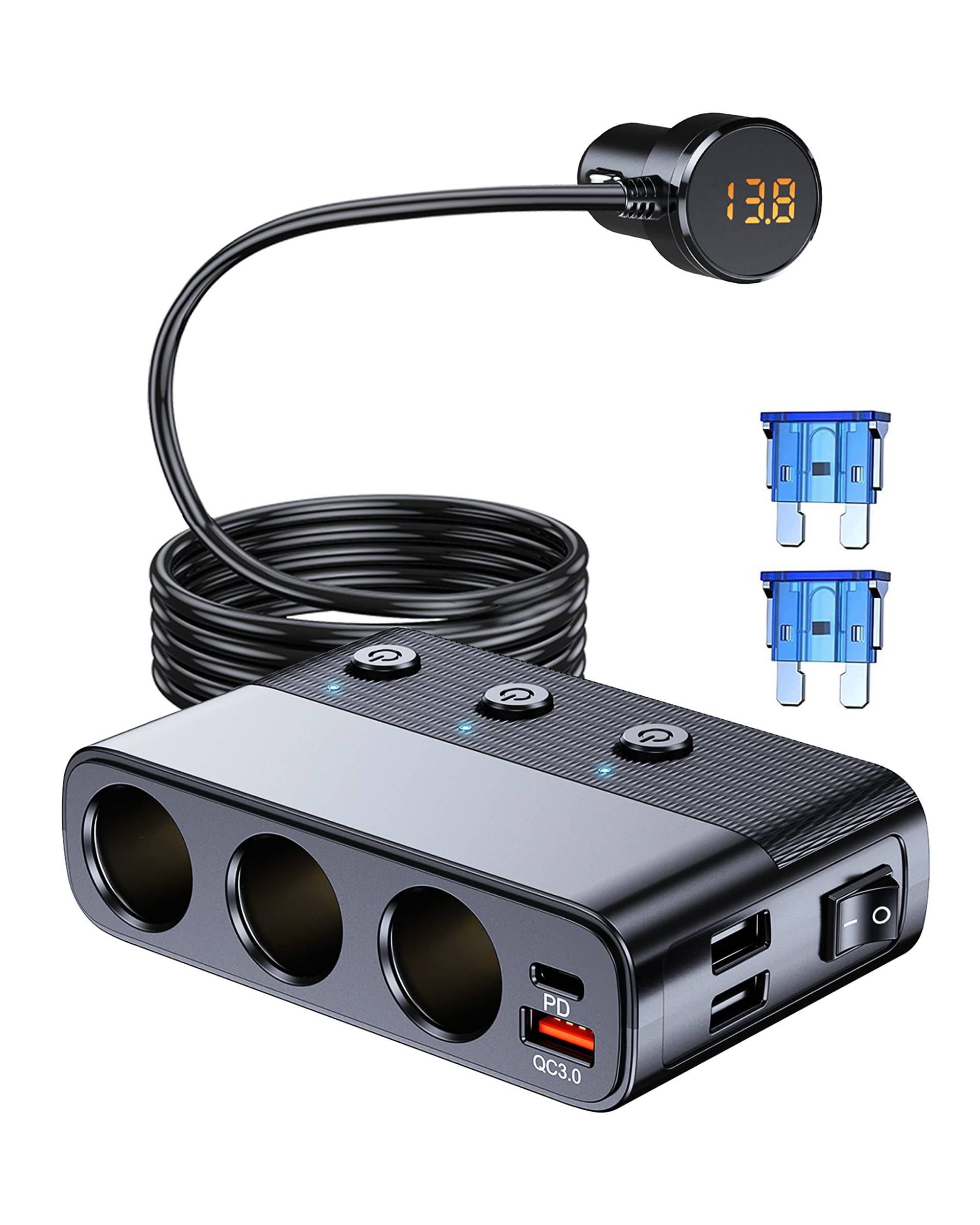 Zigarettenanzünder-Splitter, 7-in-1-Kfz-Ladegerät-Adapter, 12 V/24 V, Typ-C & QC3.0 & Dual-USB-Ladeanschlüsse, unabhängige Schalter, LED-Spannungsanzeige von LIHAN