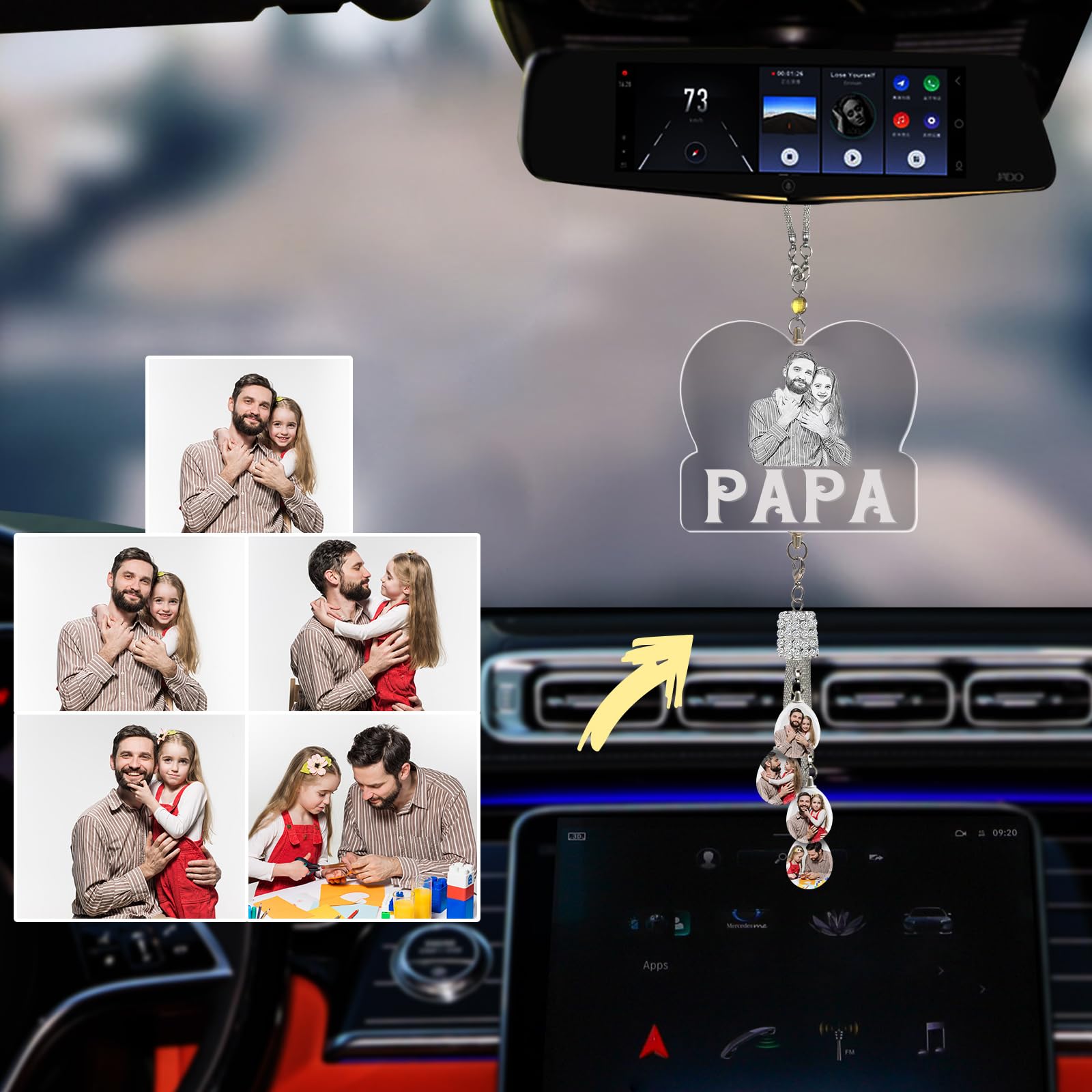 Individuelles Ätzen Foto Kristall Auto hängende Ornament, Personalisierte Foto Auto Rückspiegel Anhänger Dekor, Lasergravur Ihr Bild, Individuelles Auto Zubehör Geschenke für Frauen Männer - PAPA von LINMQIU