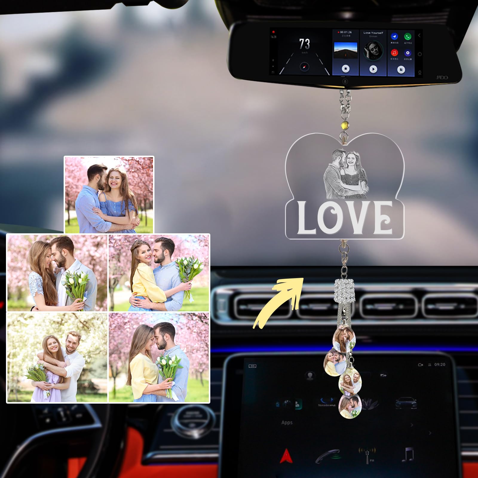 Individuelles Ätzen Foto Kristall Auto hängende Ornament, Personalisierte Foto Auto Rückspiegel Anhänger Dekor, Lasergravur Ihr Bild, Individuelles Auto Zubehör Geschenke für Frauen Männer - LOVE von LINMQIU