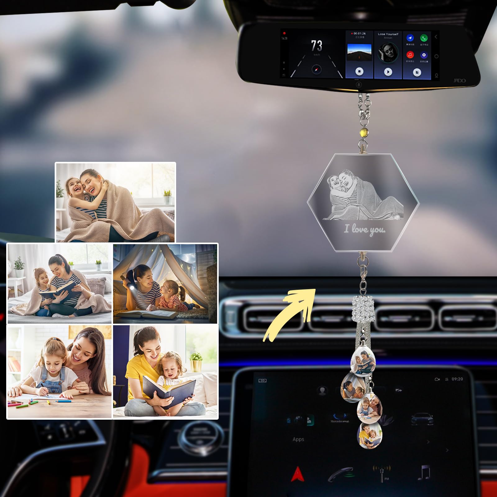 Individuelles Ätzen Foto Kristall Auto hängende Ornament, Personalisierte Foto Auto Rückspiegel Anhänger Dekor, Lasergravur Ihr Bild, Individuelles Auto Zubehör Geschenke für Frauen Männer - Sechseck von LINMQIU