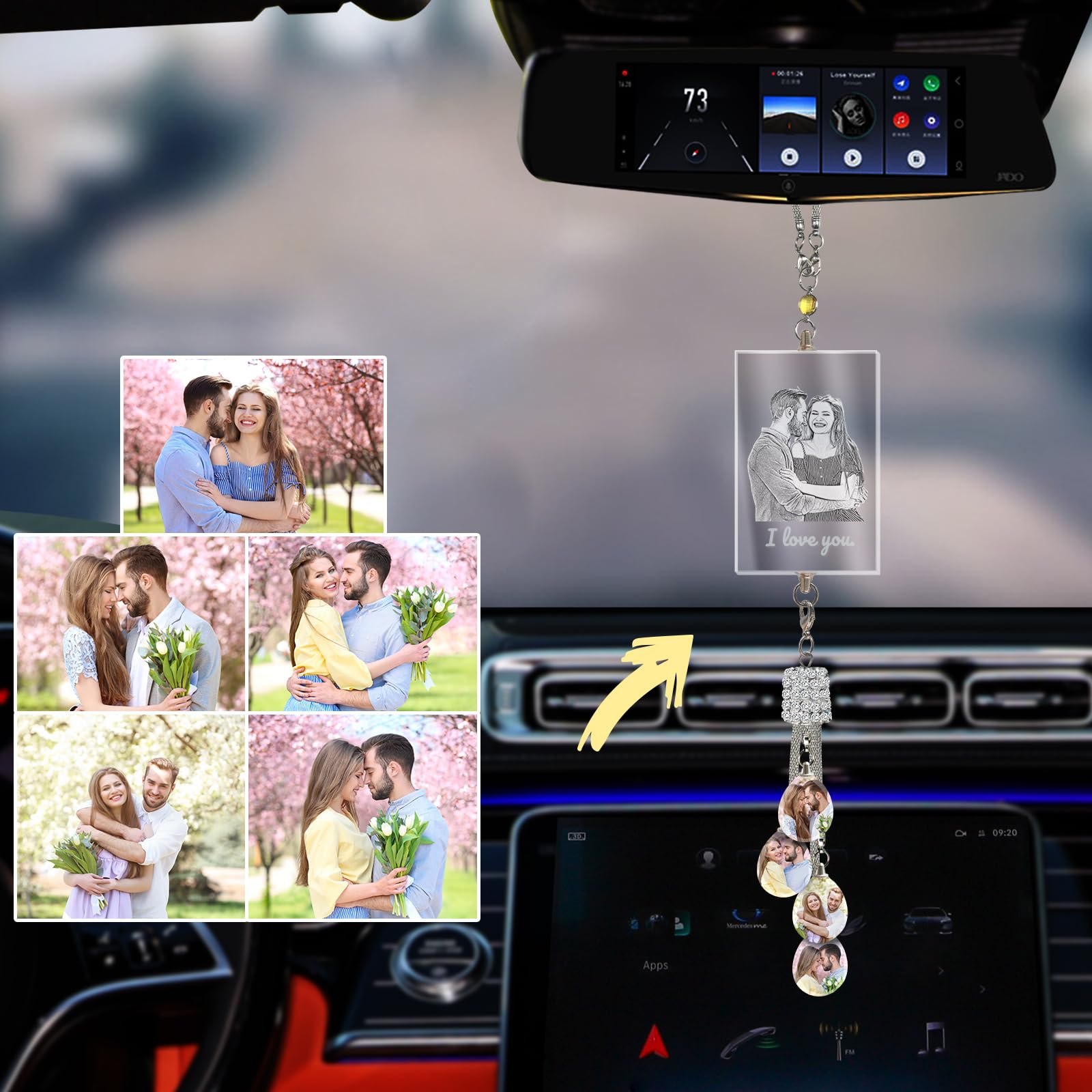 Individuelles Ätzen Foto Kristall Auto hängende Ornament, Personalisierte Foto Auto Rückspiegel Anhänger Dekor, Lasergravur Ihr Bild, Individuelles Auto Zubehör Geschenke für Frauen Männer - Rechteck von LINMQIU