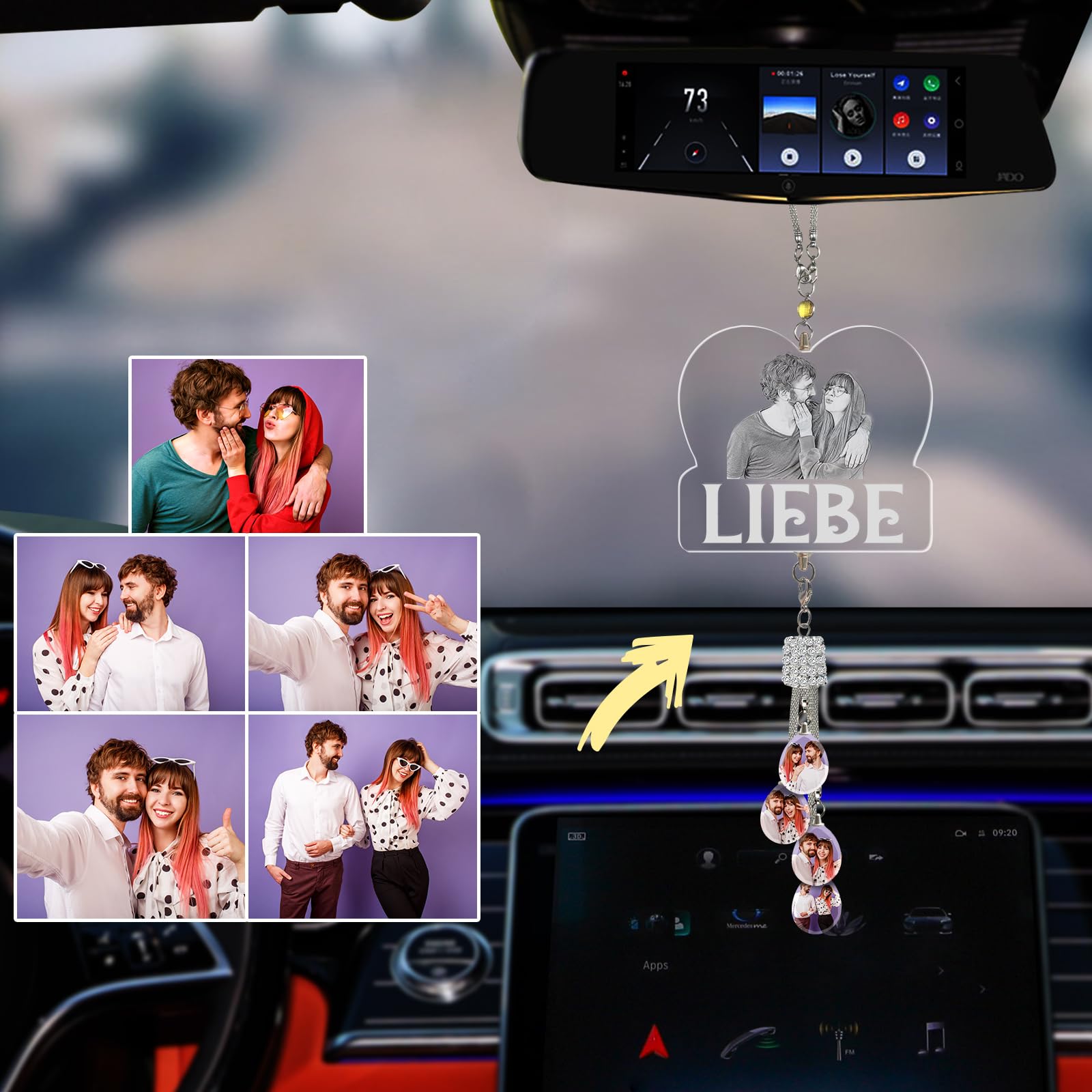 Individuelles Ätzen Foto Kristall Auto hängende Ornament, Personalisierte Foto Auto Rückspiegel Anhänger Dekor, Lasergravur Ihr Bild, Individuelles Auto Zubehör Geschenke für Frauen Männer - Liebe von LINMQIU