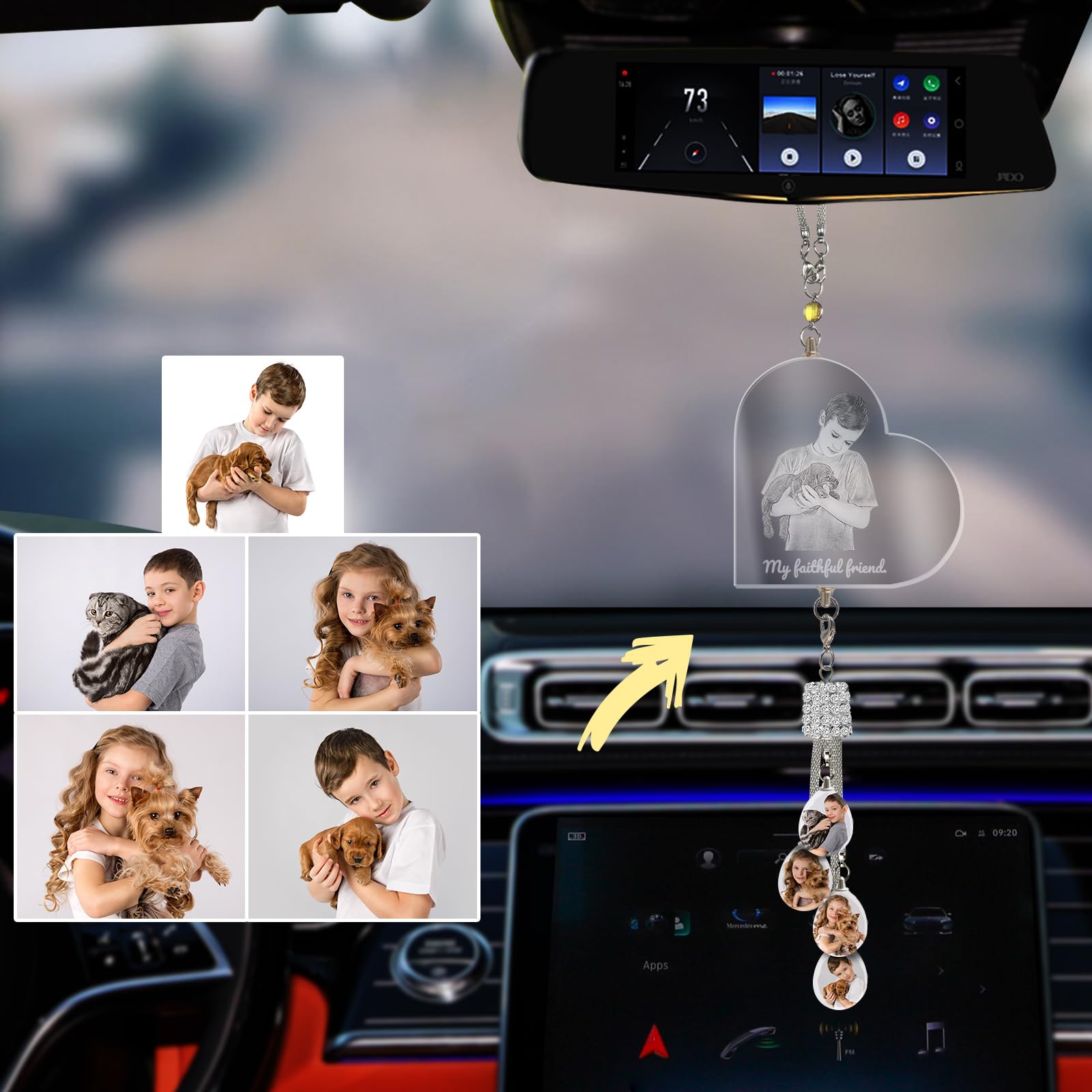 Individuelles Ätzen Foto Kristall Auto hängende Ornament, Personalisierte Foto Auto Rückspiegel Anhänger Dekor, Lasergravur Ihr Bild, Individuelles Auto Zubehör Geschenke für Frauen Männer - Herz-1 von LINMQIU