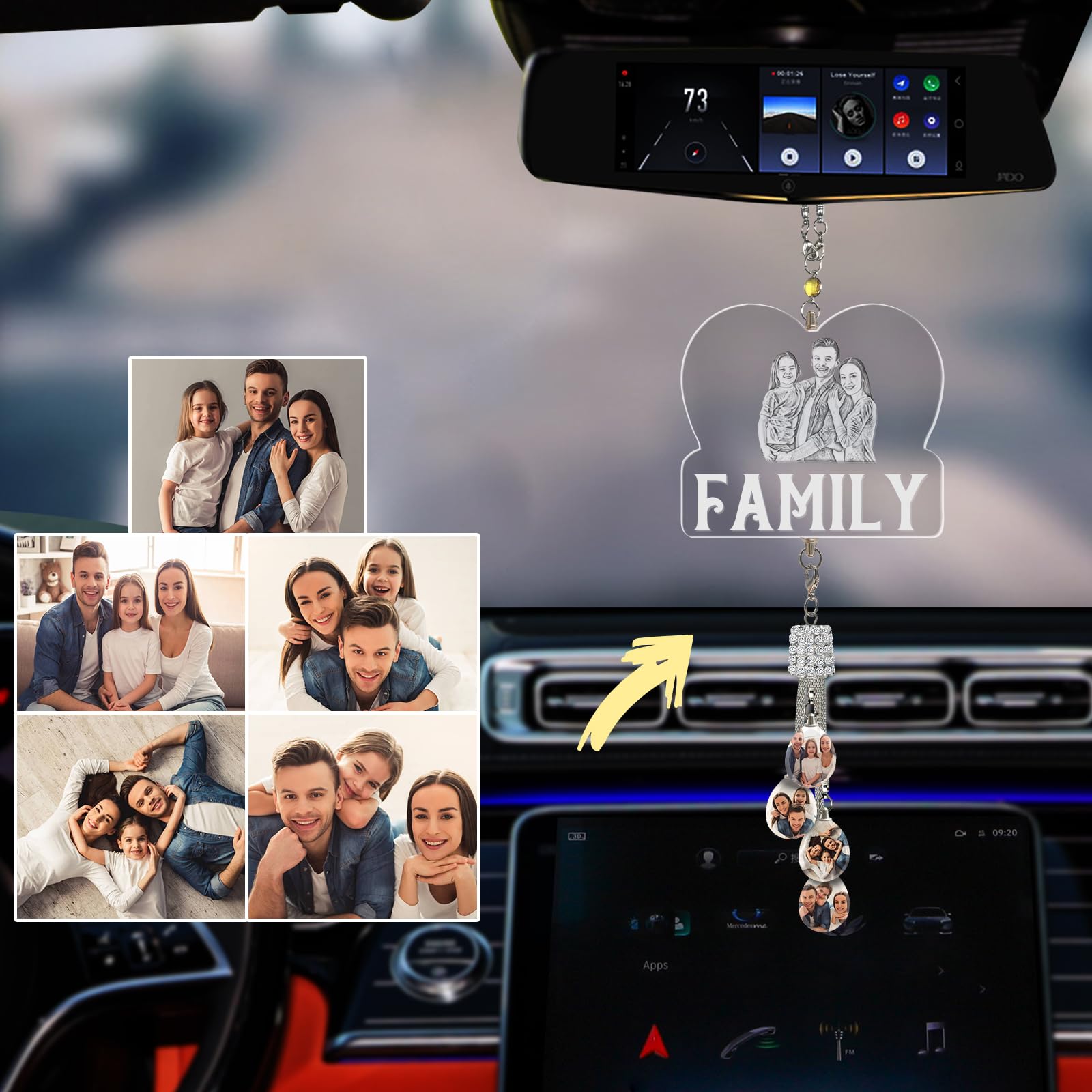 Individuelles Ätzen Foto Kristall Auto hängende Ornament, Personalisierte Foto Auto Rückspiegel Anhänger Dekor, Lasergravur Ihr Bild, Individuelles Auto Zubehör Geschenke für Frauen Männer - Family von LINMQIU