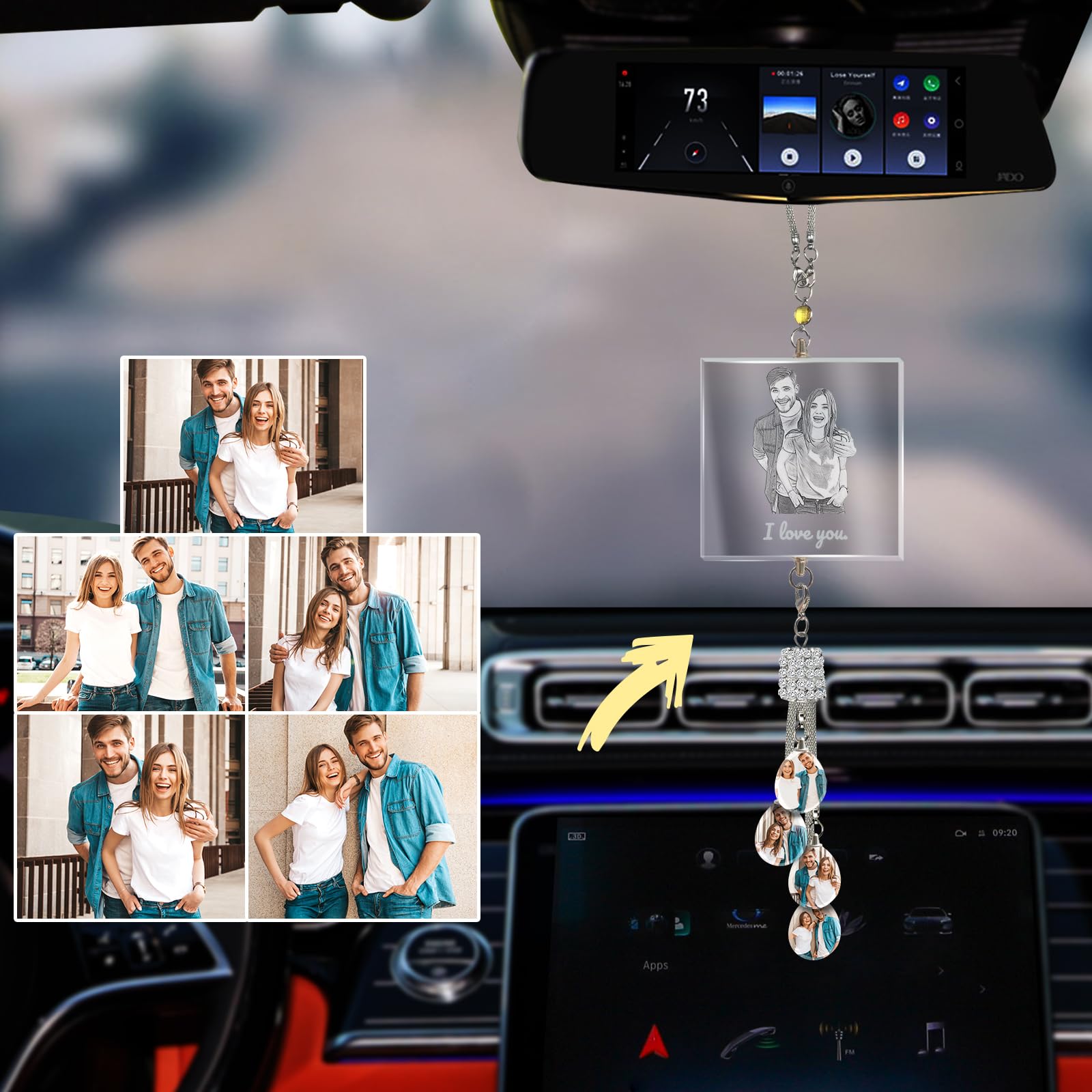 Individuelles Ätzen Foto Kristall Auto hängende Ornament, Personalisierte Foto Auto Rückspiegel Anhänger Dekor, Lasergravur Ihr Bild, Individuelles Auto Zubehör Geschenke für Frauen Männer - Quadrat von LINMQIU