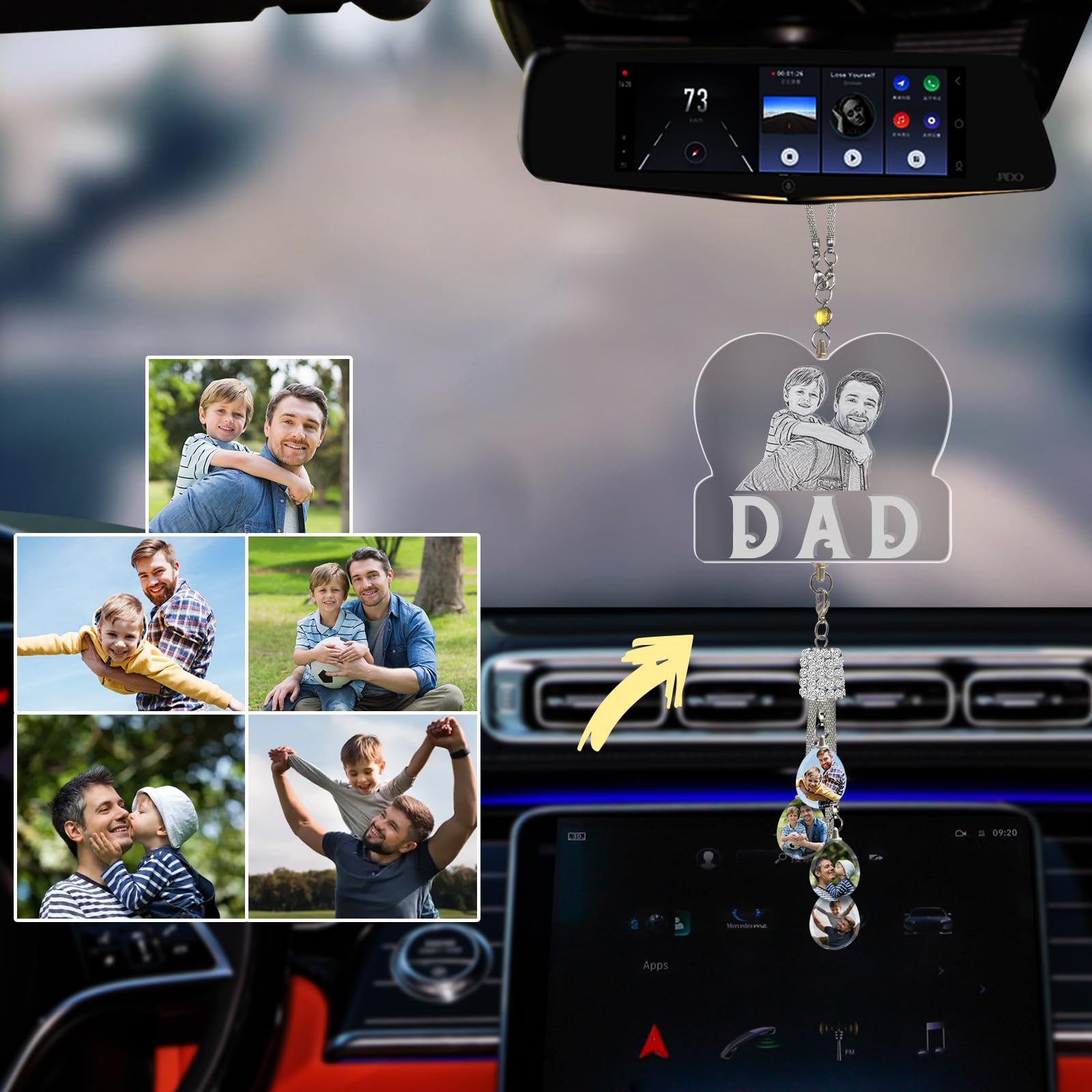 Individuelles Ätzen Foto Kristall Auto hängende Ornament, Personalisierte Foto Auto Rückspiegel Anhänger Dekor, Lasergravur Ihr Bild, Individuelles Auto Zubehör Geschenke für Frauen Männer - DAD von LINMQIU