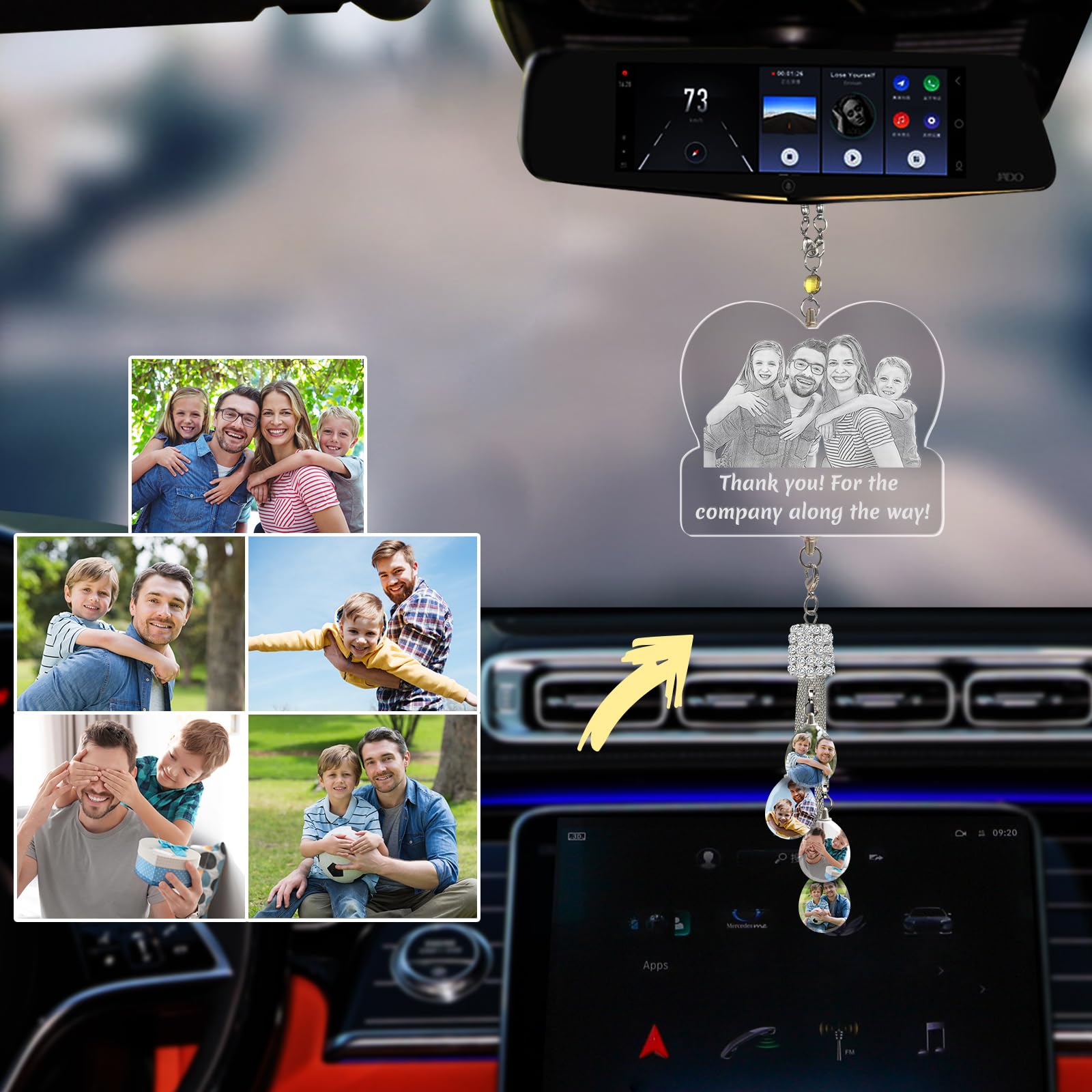 Individuelles Ätzen Foto Kristall Auto hängende Ornament, Personalisierte Foto Auto Rückspiegel Anhänger Dekor, Lasergravur Ihr Bild, Individuelles Auto Zubehör Geschenke für Frauen Männer - DIY von LINMQIU