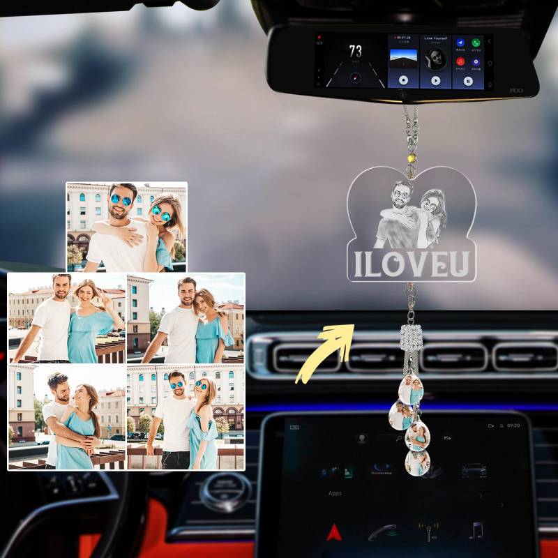 Individuelles Ätzen Foto Kristall Auto hängende Ornament, Personalisierte Foto Auto Rückspiegel Anhänger Dekor, Lasergravur Ihr Bild, Individuelles Auto Zubehör Geschenke für Frauen Männer - I LOVE U von LINMQIU