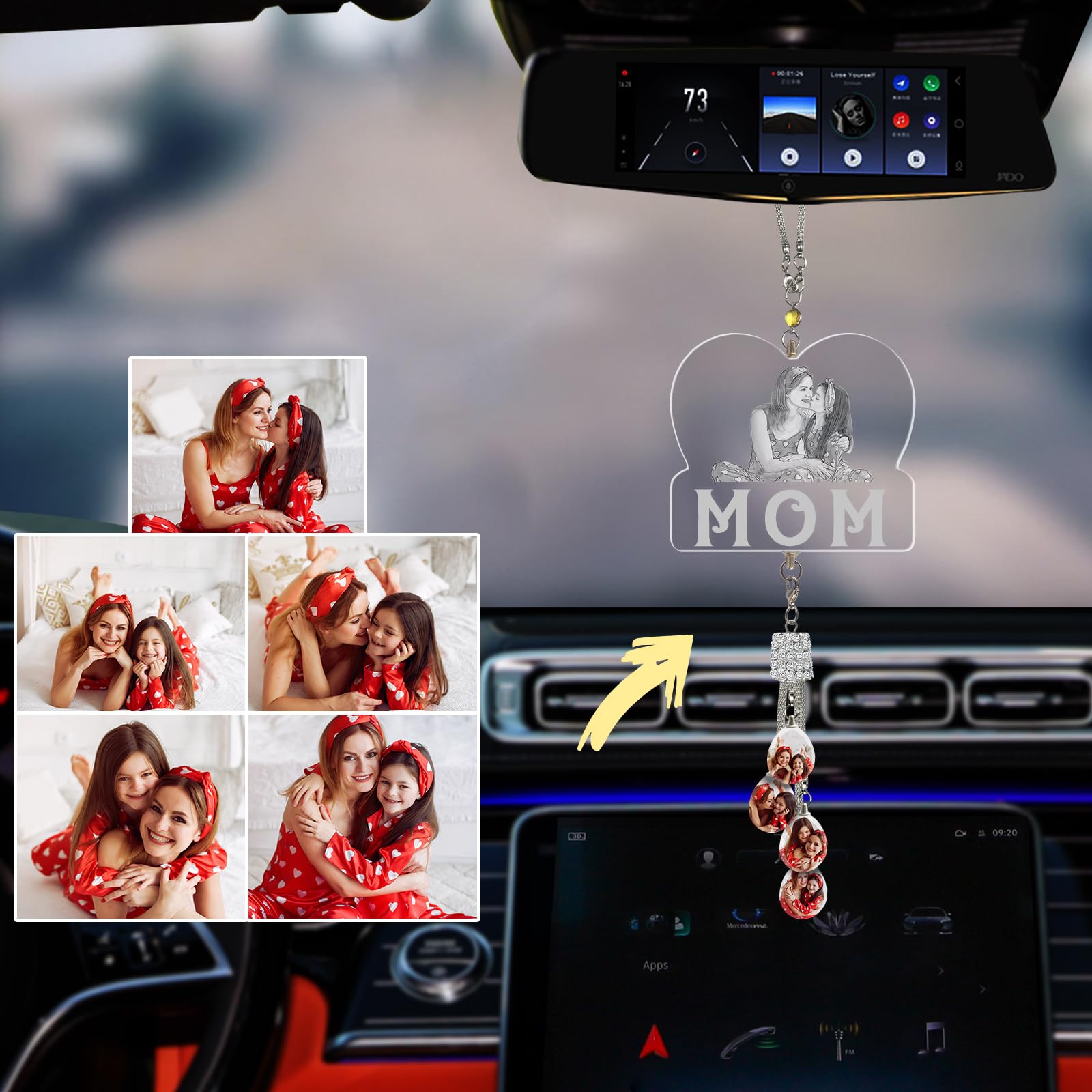 Individuelles Ätzen Foto Kristall Auto hängende Ornament, Personalisierte Foto Auto Rückspiegel Anhänger Dekor, Lasergravur Ihr Bild, Individuelles Auto Zubehör Geschenke für Frauen Männer - MOM von LINMQIU