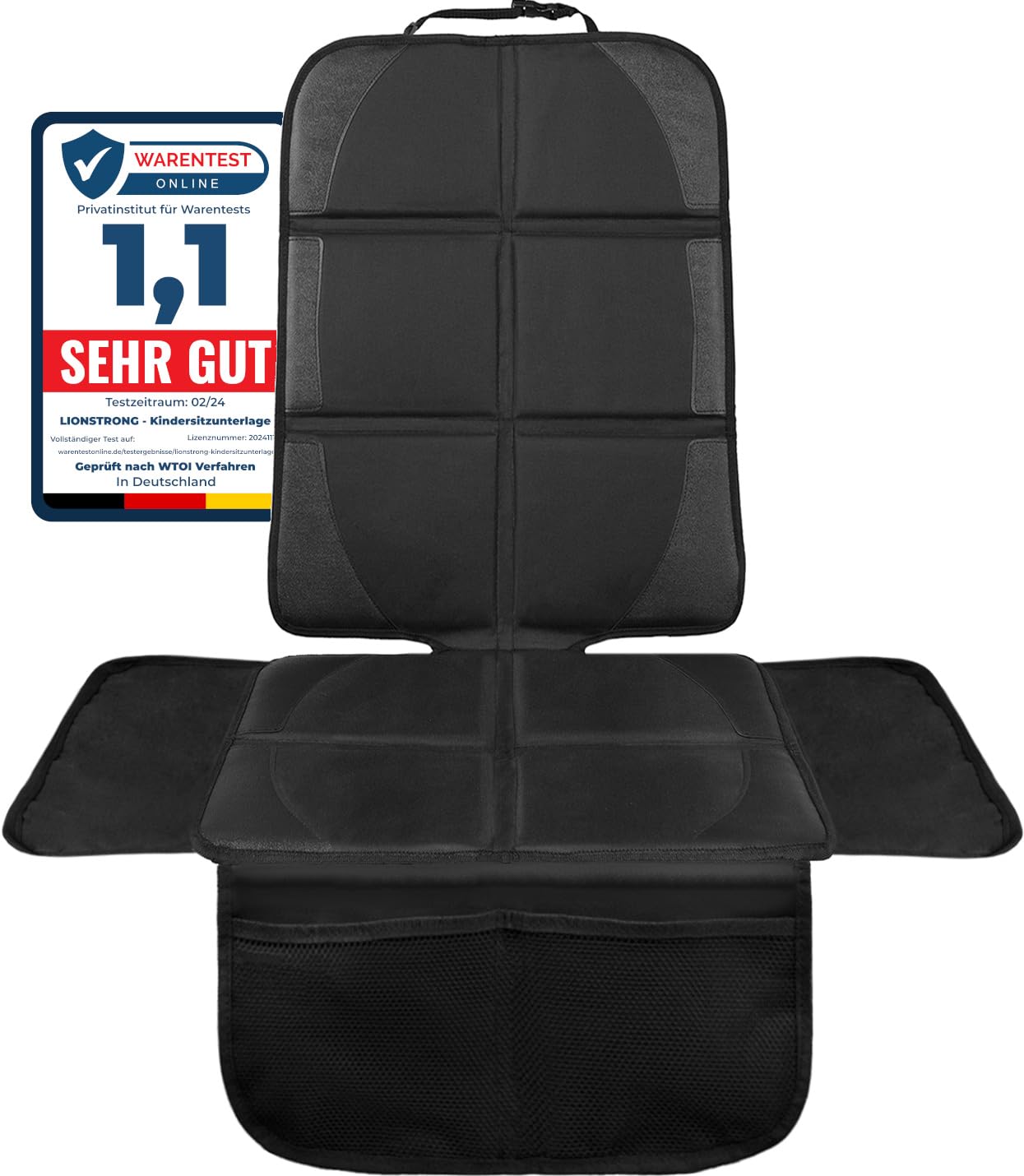 LIONSTRONG® Kindersitzunterlage Autositzschoner [ISOFIX GEEIGNET] - wasserabweisender Polyester Stoff schwarz - Sitzschutz Sitzschoner Auto Kindersitz - universell kompatibel (L (1er Pack)) von LIONSTRONG
