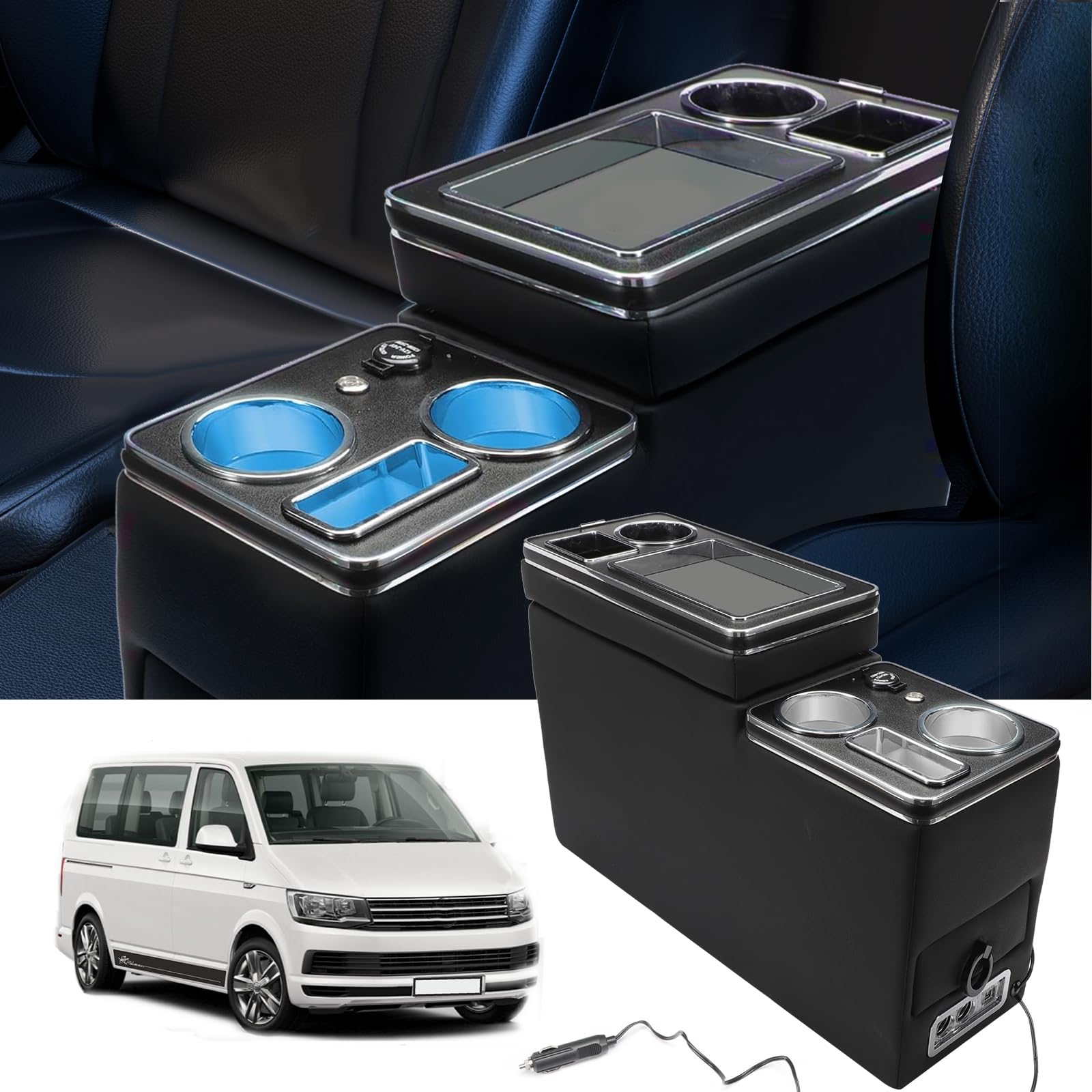 Mittelkonsole mit Ablagen Staufach kompatibel mit VW T4 T5 T6 T6.1 T7 2003-2019, Aufbewahrungskiste mit Getränkehalter zubehör, Schwarz Schwarz Glanz Leder Zubehör, USB-Anschluss, LED-Leuchte von LIROPAU