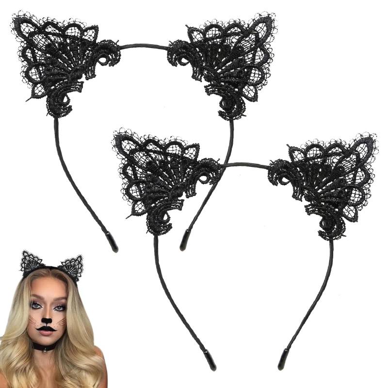 2 Stück Katzenohren Haarreif, Cat Ears, Katzen Ohren Damen, Katzenohren Schwarz für Halloween Karneval Party Maskerade Cosplay Süß Frauen Spitze Haarschmuck Stirnband Kostümzubehör von LIURFLNC