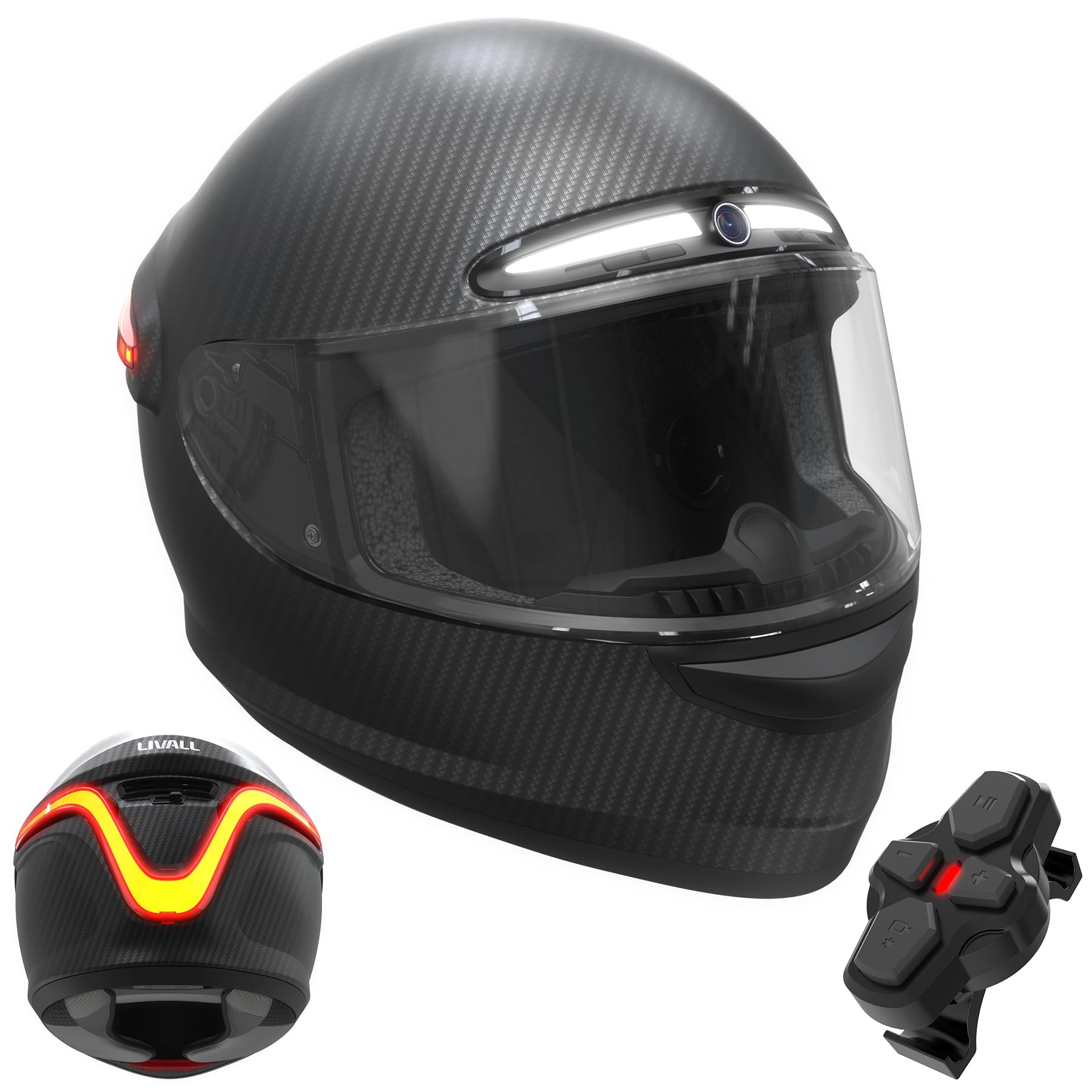 LIVALL MC1 PRO Integral-Motorrad-Smart-Helm mit integrierter Bluetooth-Gegensprechanlage mit 1080P-Kamera für Erwachsene, Männer und Frauen, Kohlefaserschale, Warnleuchten, DOT- und ECE-Zulassung von LIVALL