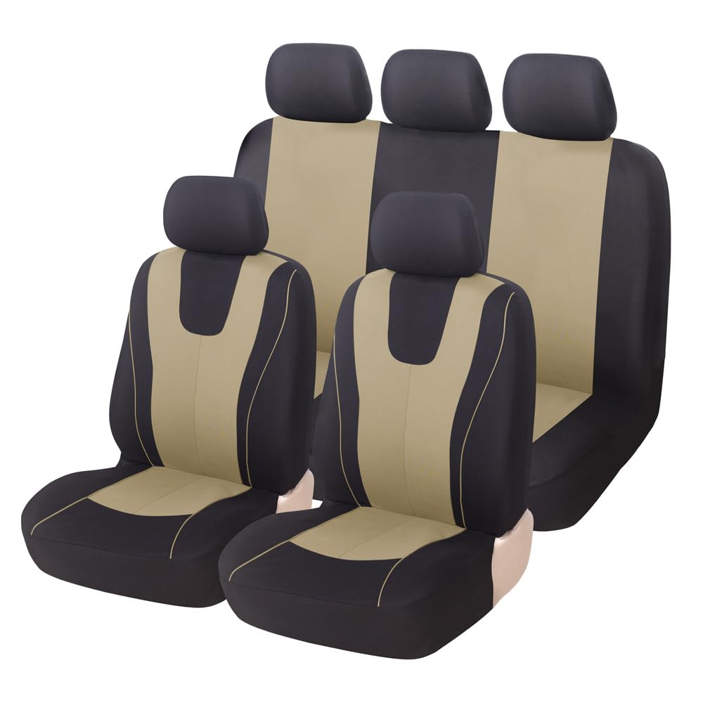 5-Sitze Autositzbezüge Sitzbezug für Peugeot 5008 5 Seat 2017-2022, aus Polyesterfaser Komplett-Set mit Zubehör, Wasserdicht, Airbag kompatibel,A/BEIGE von LIYUANMU