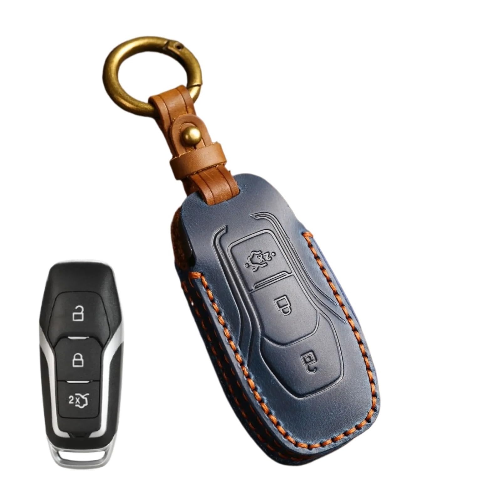 Lederabdeckungszubehör kompatibel for Ford Fusion Mondeo Mustang Explorer Edge 2015 2016 2017 2018 2019 Car FOB Key Case Keychain(3button blue) von LJBaab