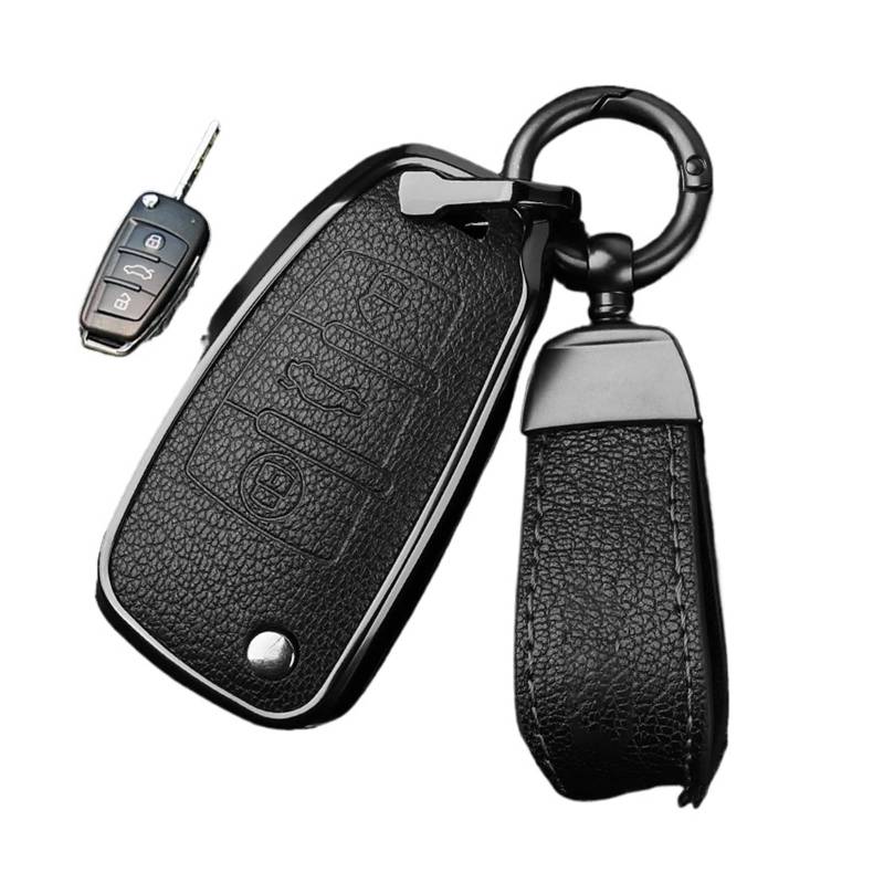 Metall- und Lederauto -Schlüsselhülle kompatibel for Audi A1 A3 A4 A6 TT Allroad Q3 Q7 R8 S6 SQ5 RS4 Schlüsselbund(Black short strap) von LJBaab