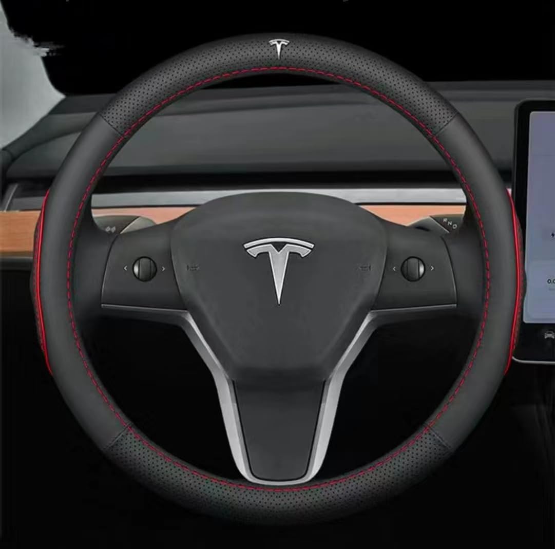 Auto Lenkradbezug für Tesla Model Y 2020-2023 2024,Mikrofaser Leder Lenkradhülle Mit Logo Anti rutsch Lenkradbezug Sportlich und Atmungsaktiv Elastizität Langlebiger Auto zubehör Innenraum von LJCXZS