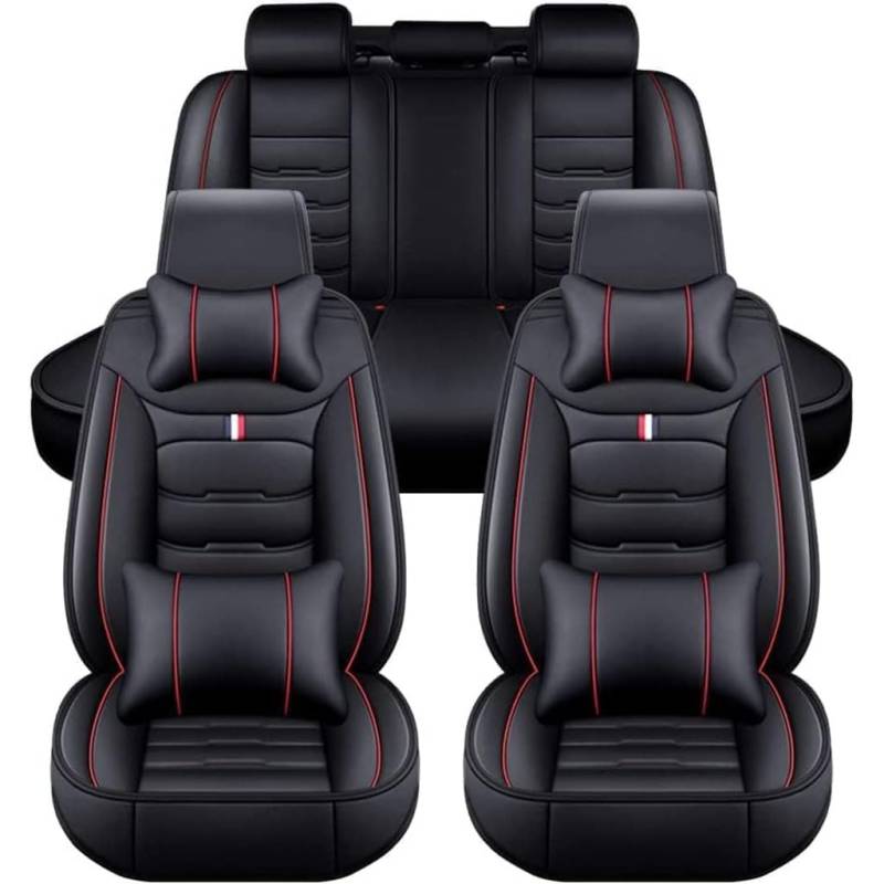 LJSDZLHY Autositzbezüge Sets für Nissan Navara 2017-2023,Allwetter Wasserdichtes Autositzbezüge Leder Sitzschoner Full Set Verschleißfest Innenraum Zubehör,A-Luxurious Set Black red von LJSDZLHY