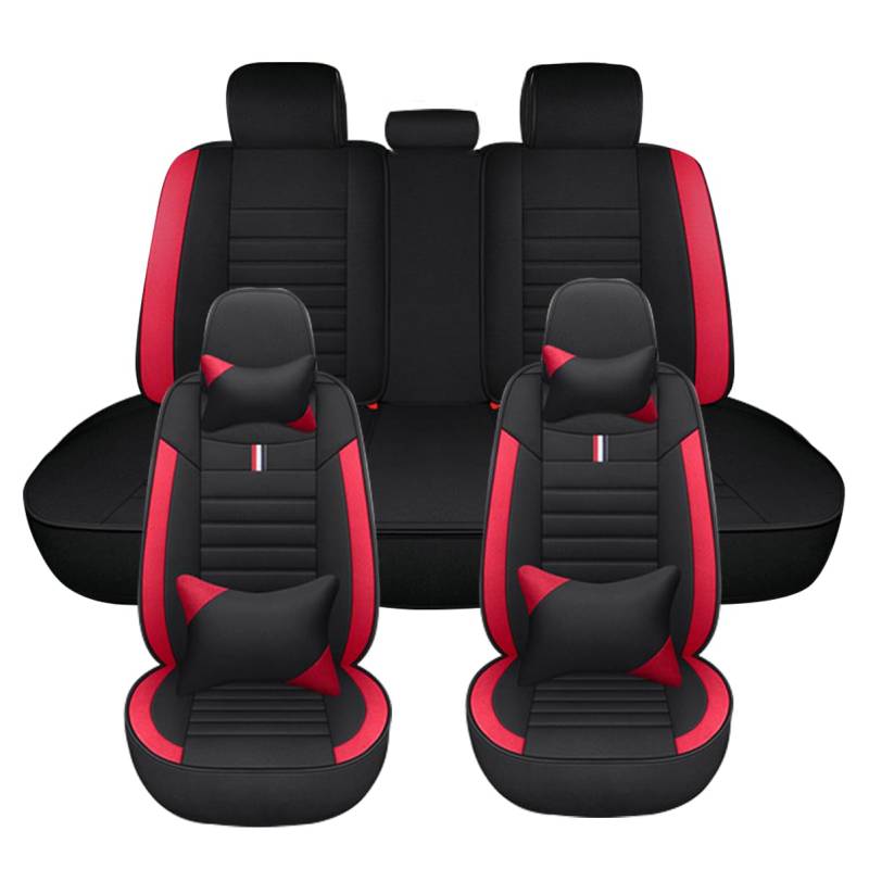 5 Stück PU Leder Sitzbezüge Set, Autositzbezug Komplettset für NISSAN Juke X-Trail GT-R, Atmungsaktives Faserleinenmaterial Allwetter Schonbezug,Black red-LuxuryVersion von LJZYL