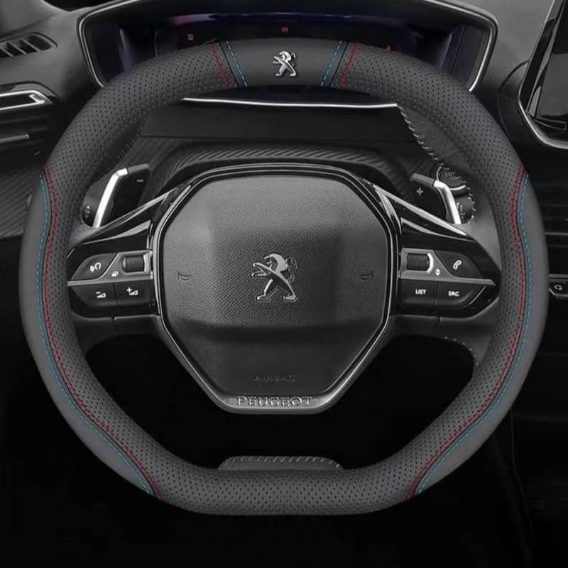 PU Leder Lenkradbezug Auto für Peugeot 2008 2014-2023, Lenkradhülle Lenkradabdeckung Anti-Rutsch Lenkradschoner Atmungsaktiv Innenraum Zubehör,A-B/Black+Red+Blue von LKJSBSHLH