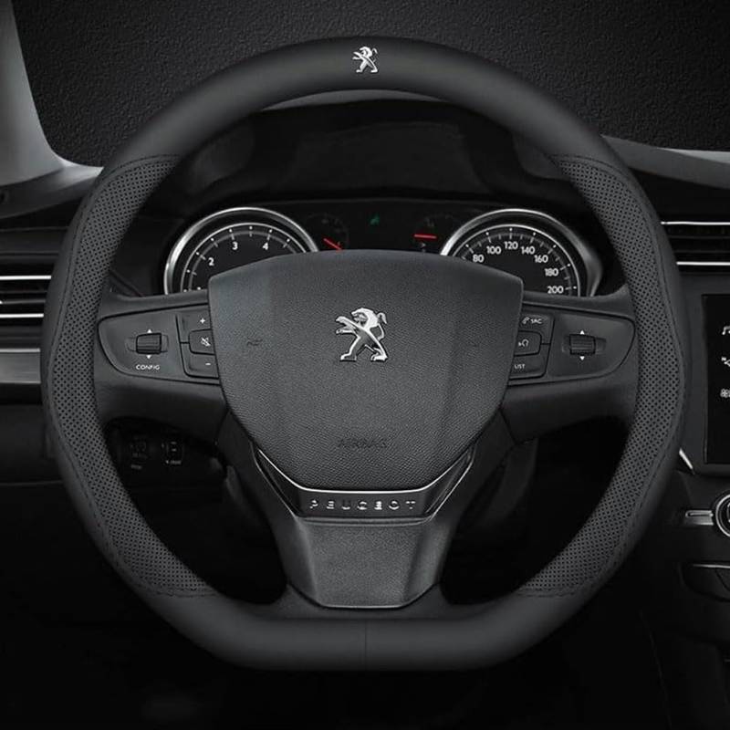 PU Leder Lenkradbezug Auto für Peugeot 208 2013-2019, Lenkradhülle Lenkradabdeckung Anti-Rutsch Lenkradschoner Atmungsaktiv Innenraum Zubehör,B-A/Black-1 von LKJSBSHLH