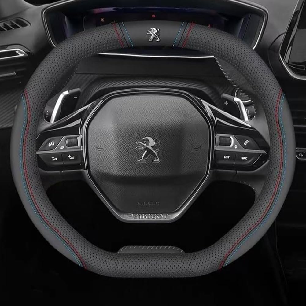 PU Leder Lenkradbezug Auto für Peugeot Partner 2019-2023, Lenkradhülle Lenkradabdeckung Anti-Rutsch Lenkradschoner Atmungsaktiv Innenraum Zubehör,A-B/Black+Red+Blue von LKJSBSHLH