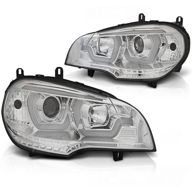 DRL Scheinwerfer 3D LED Angel Eyes kompatibel mit BMW X5 E70 Bj. 07-13 Chrom nicht passend bei Fahrzeugen mit werkseitigem Xenon nicht passend bei Fahrzeugen mit Kurvenlicht (AFS) von LLCTOOLS