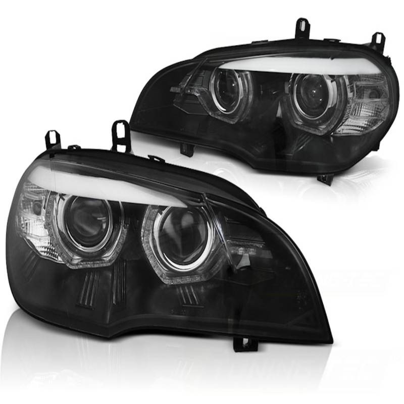 LED DRL Scheinwerfer 3D Angel Eyes kompatibel mit BMW X5 E70 Bj. 07-13 Schwarz nur passend bei Fahrzeugen mit werkseitigem Xenon nur passend bei Fahrzeugen ohne Kurvenlicht (AFS) von LLCTOOLS