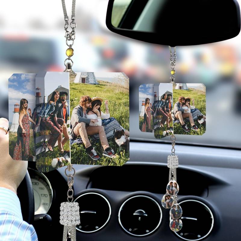 Personalisiertes Foto Auto hängende benutzerdefinierte Foto-Kristall-Fenster Autospiegel hängende Zubehör Auto Ornament Anhänger Rückspiegel Auto Charms Dekorationen für personalisierte Geschenke von LLKCHQD