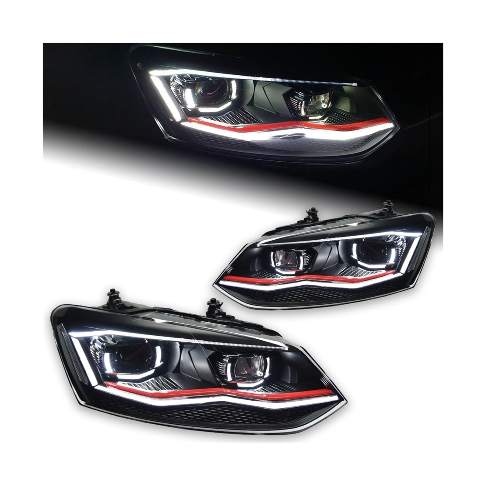 Auto Styling Kompatibel for VW Polo Scheinwerfer 2009-2018 LED Scheinwerfer Angel Eye Design DRL Hid Kopf Lampe Bi xenon Strahl Zubehör(Red LED) von LLYUVXYJ