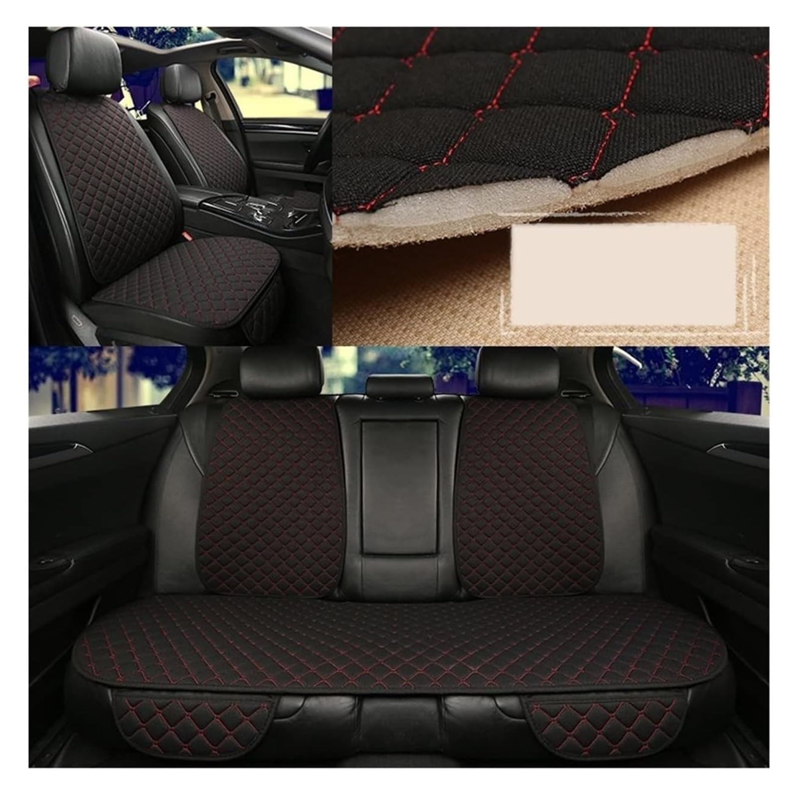 LMHGMUBVR Auto-Schonbezug Autositzbezüge Universal Autositzbezug Schutz Rückenlehne Vorne Hinten Sitzlehne Taille Waschbar Kissen Pad Matte Auto(Black Red -7pcs) von LMHGMUBVR