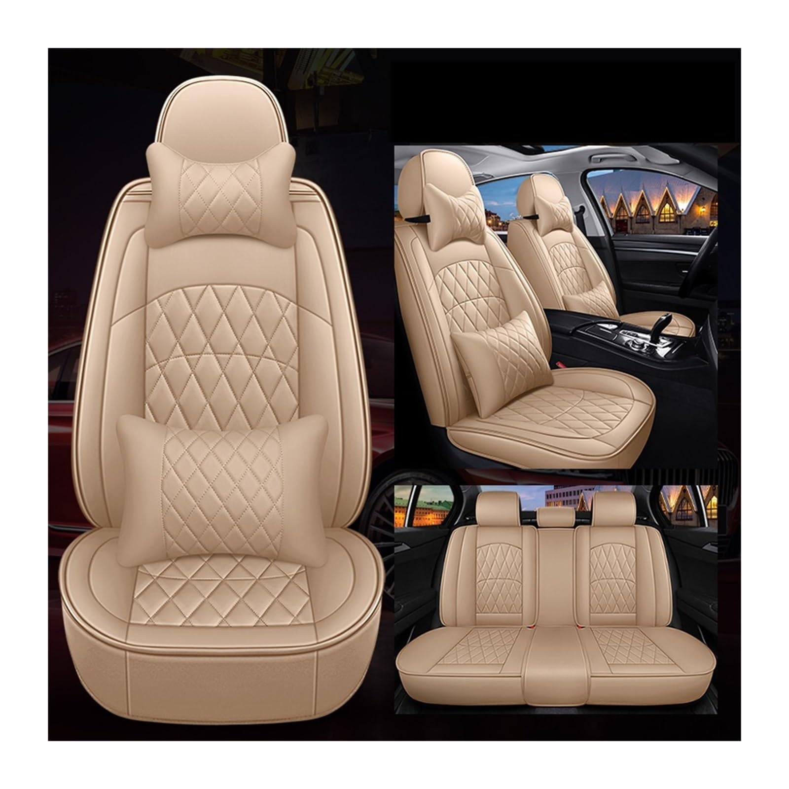 LMHGMUBVR Auto Sitzbezügesets Für T&oyota Für Camry PU Leder Auto Sitzbezug Auto Zubehör.(Beige,Set of Covers Accessories) von LMHGMUBVR