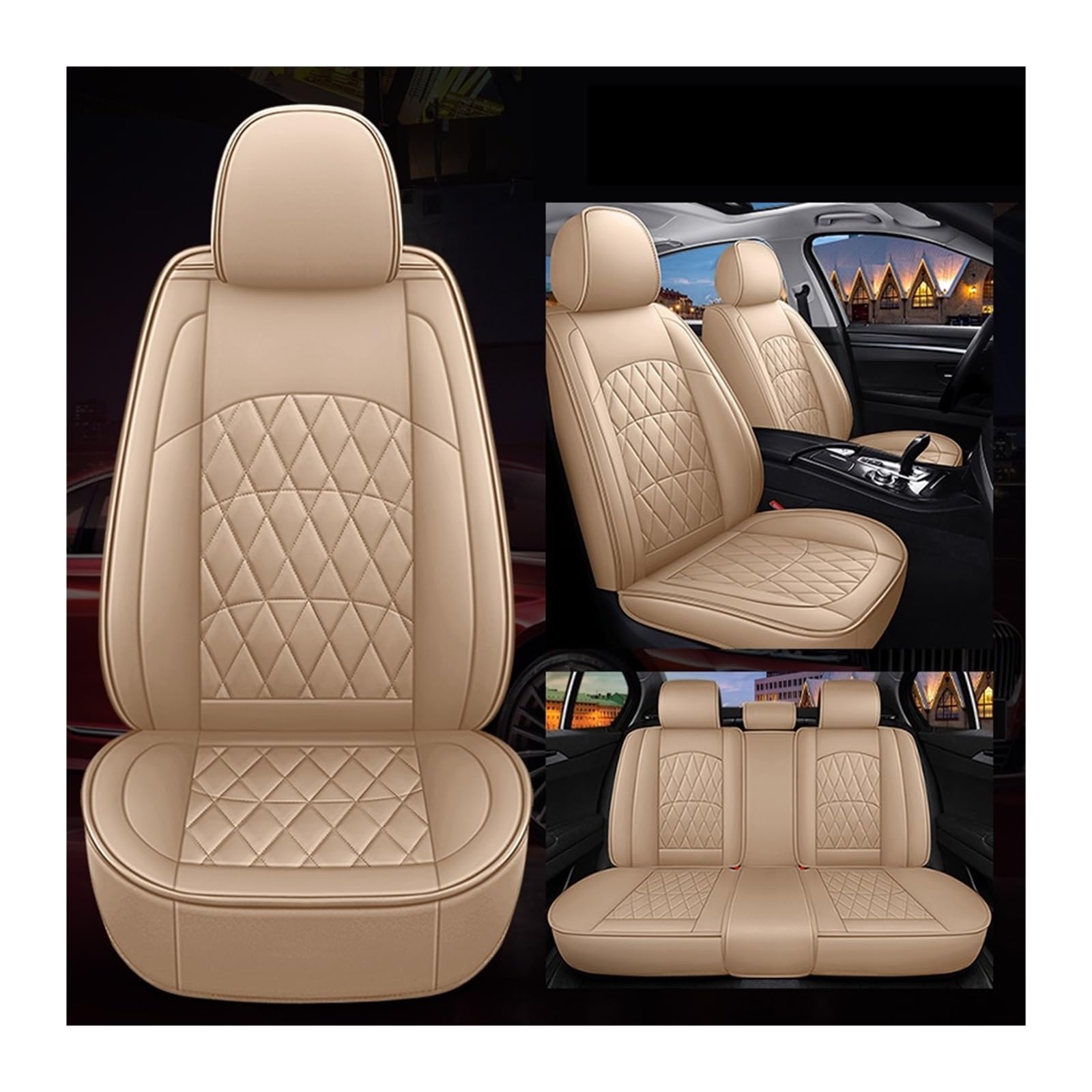 LMHGMUBVR Auto Sitzbezügesets Für T&oyota Für Camry PU Leder Auto Sitzbezug Auto Zubehör.(Beige,Set of seat Covers) von LMHGMUBVR