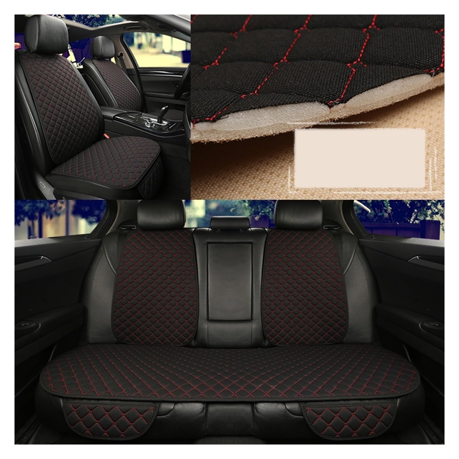 LMHGMUBVR Auto Sitzbezügesets Universeller Autositzbezug-Schutz, Rückenlehne vorne, Rücksitz, Taille, waschbares Kissen.(Black red) von LMHGMUBVR